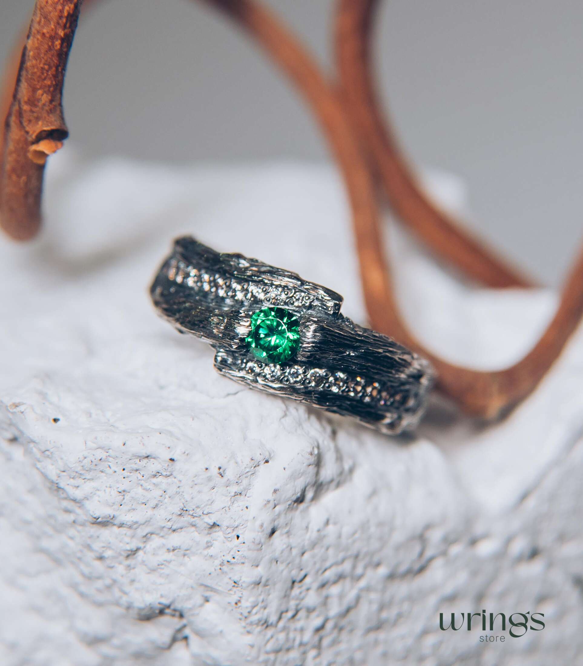 Wide Silver Branch Ring with Magic Emerald & Side CZ
