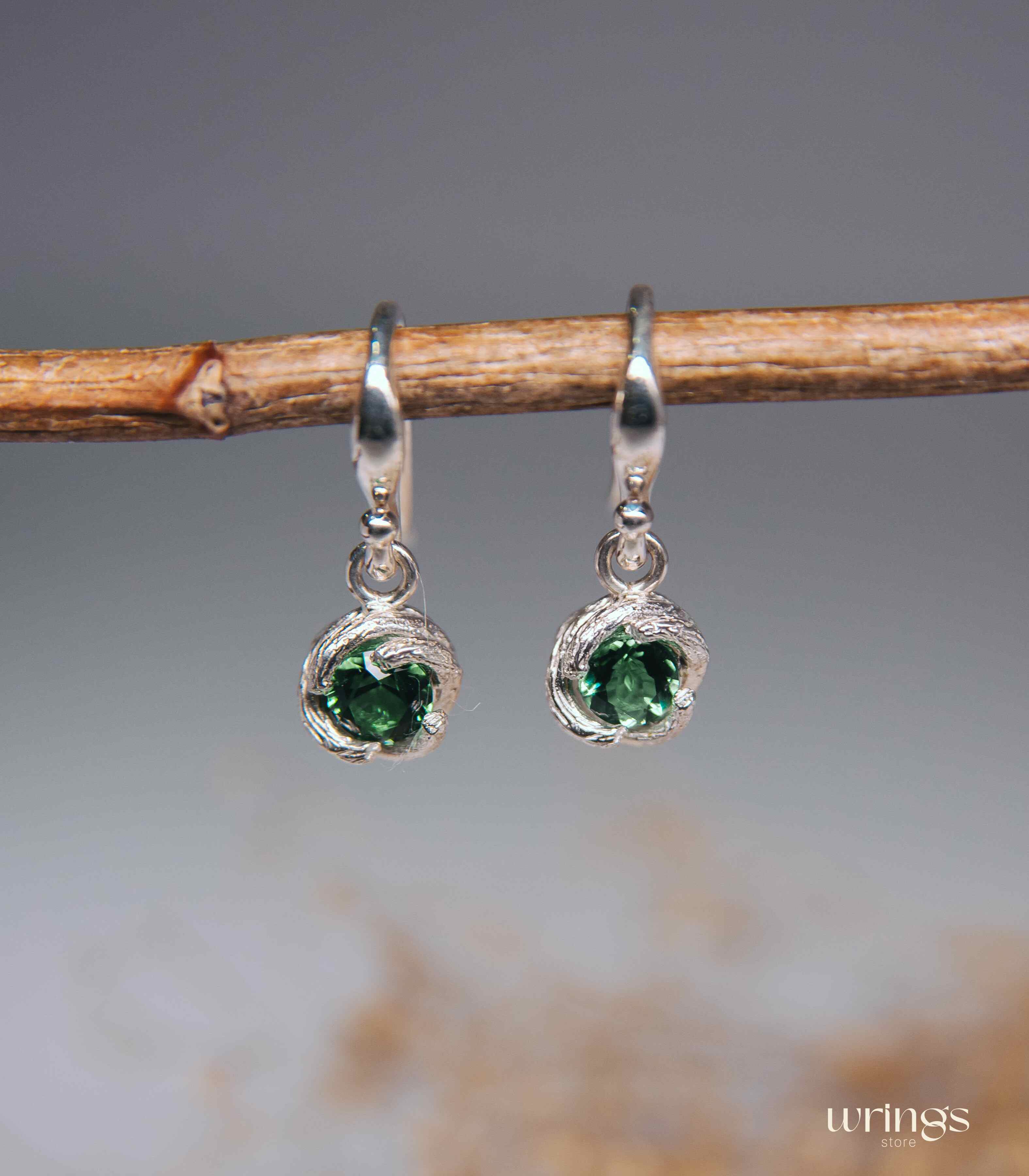 Cute Green Quartz Earrings Drop Dangly Silver Tree