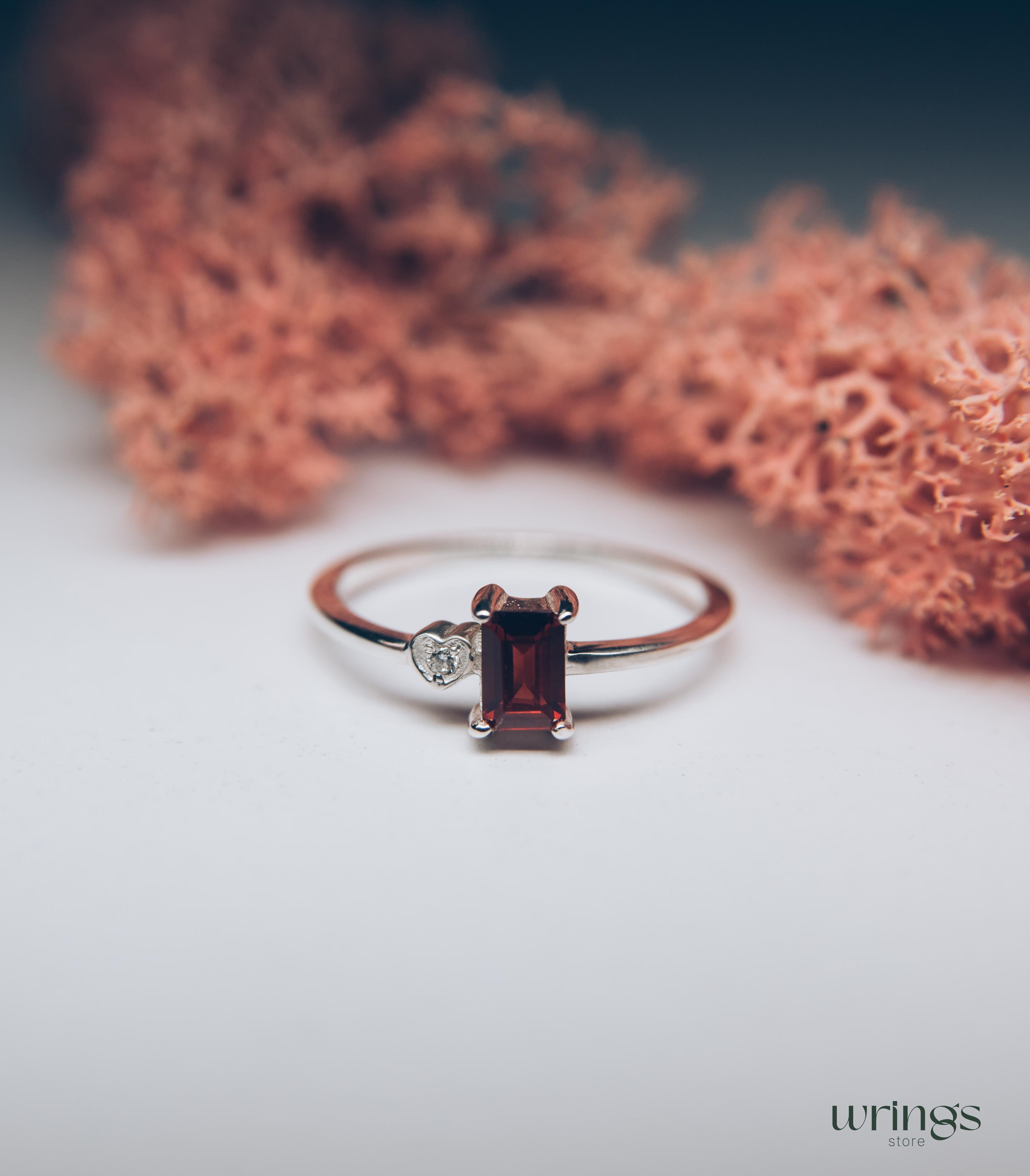 Silver Garnet Engagement Ring & Side Stone CZ in Heart