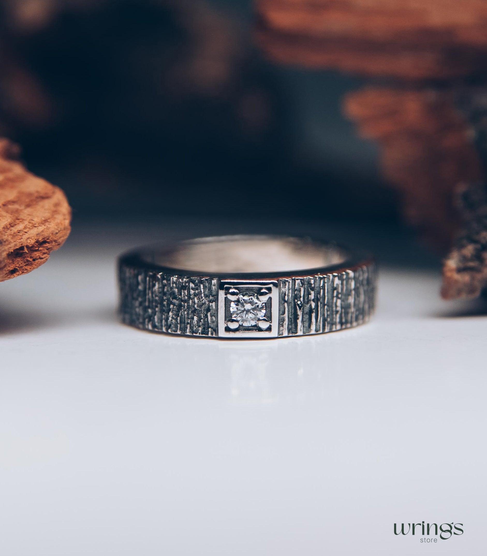 Simple Diamond Men's Wedding Ring band with Tree bark texture