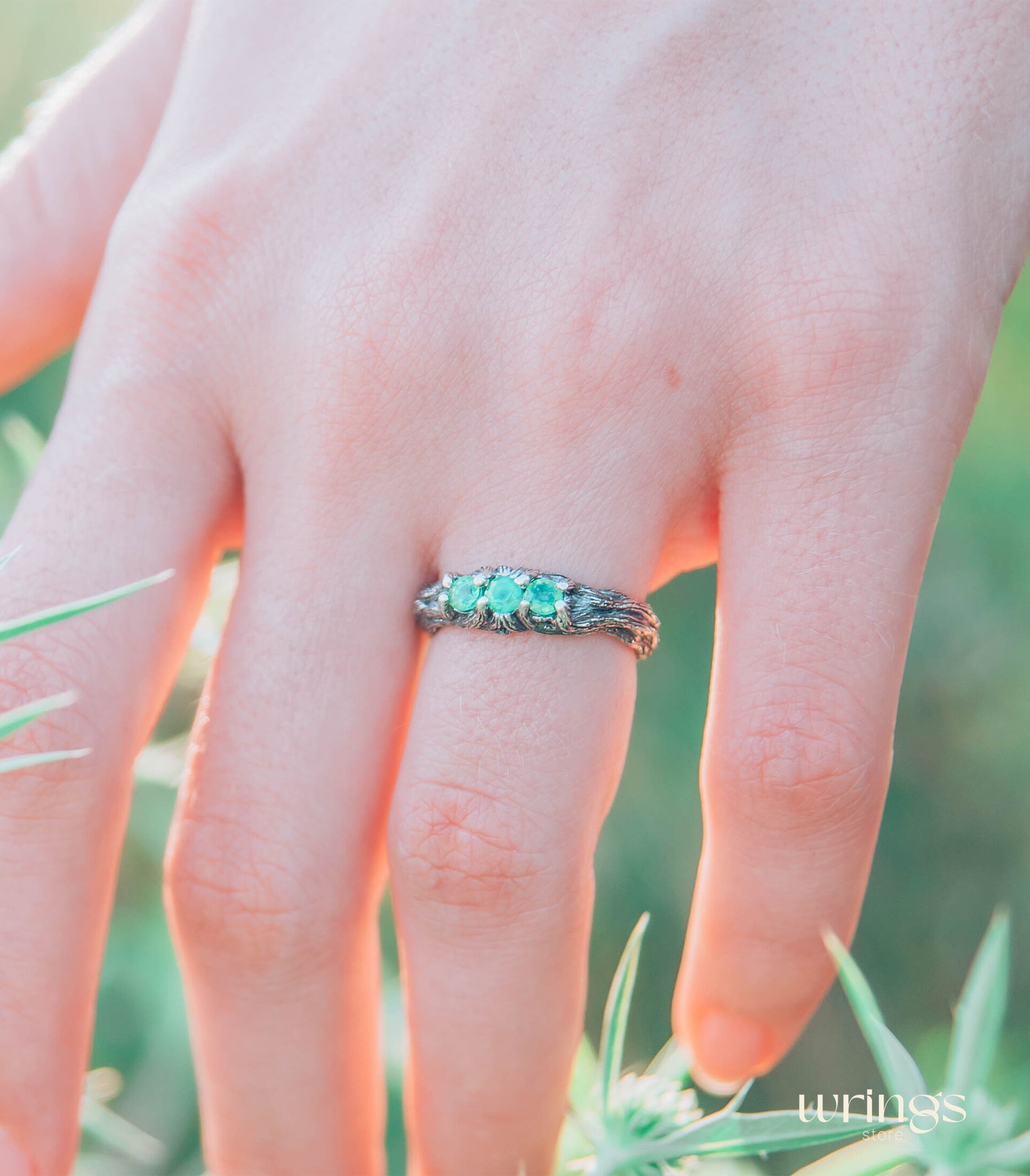 Emeralds on Branch Silver Three Stone Ring for Her