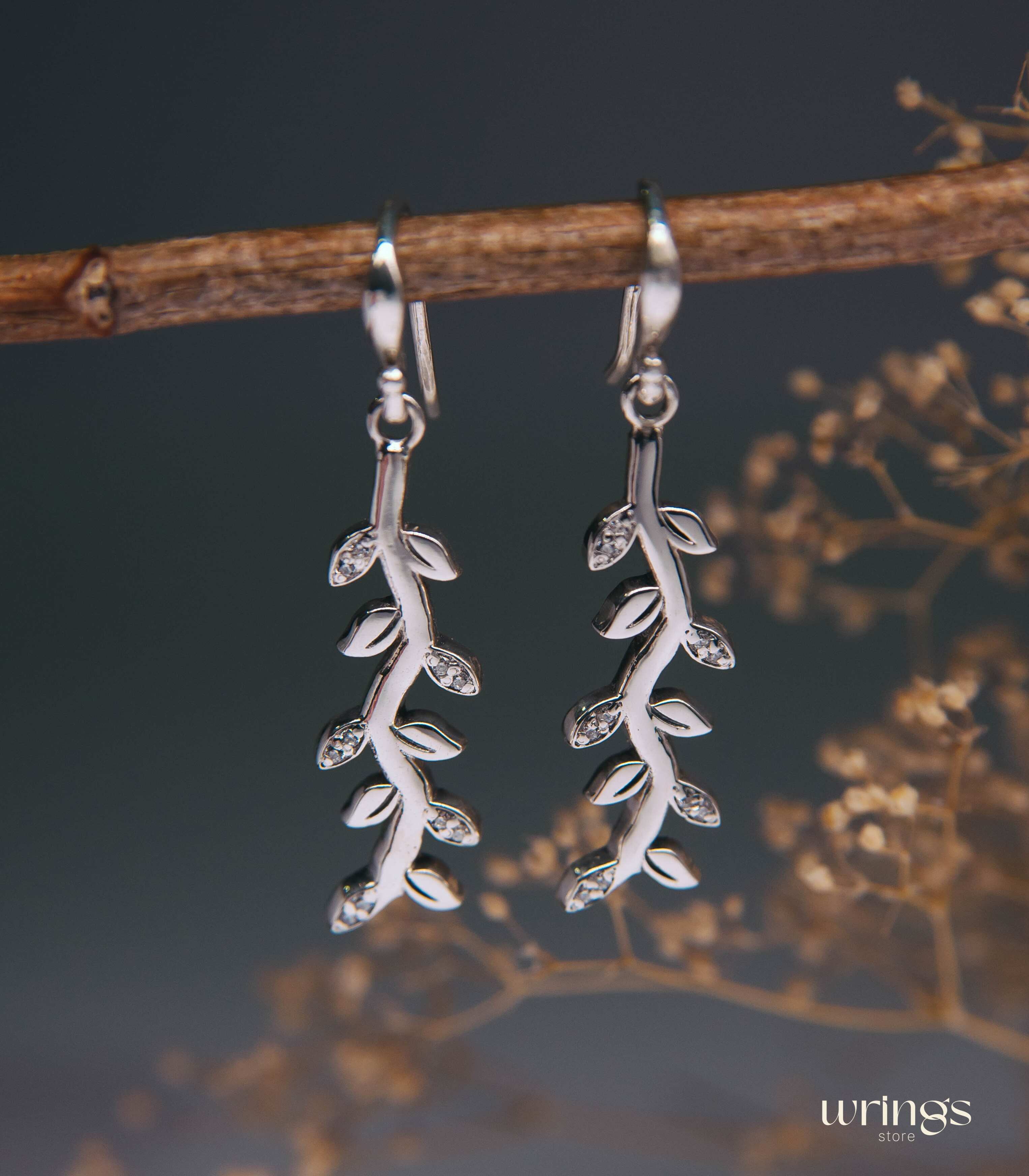 Pretty Many Leaves Silver Earrings with White Gemstones