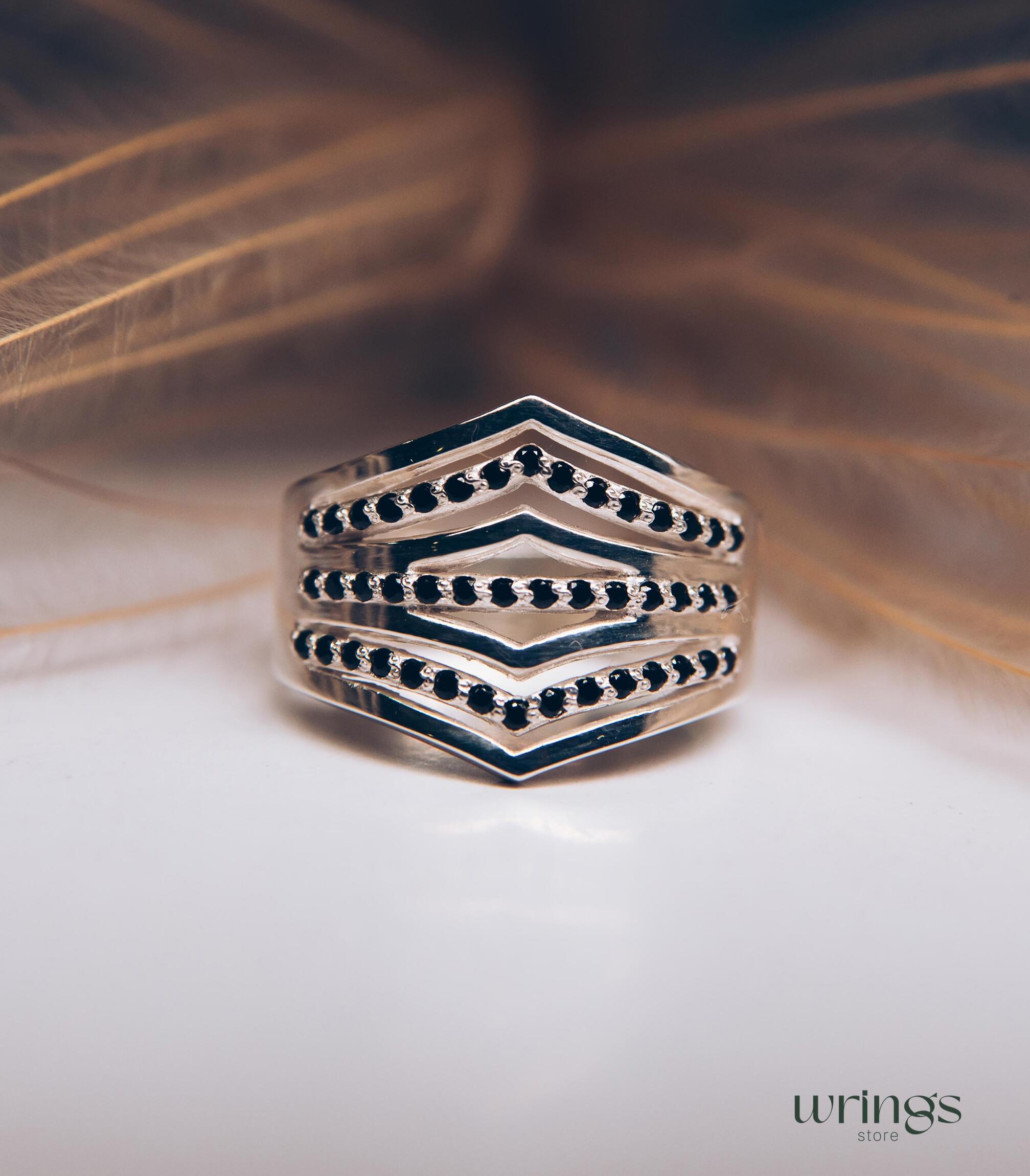 Extra Wide Silver Dome Ring Double Chevron Black Stones