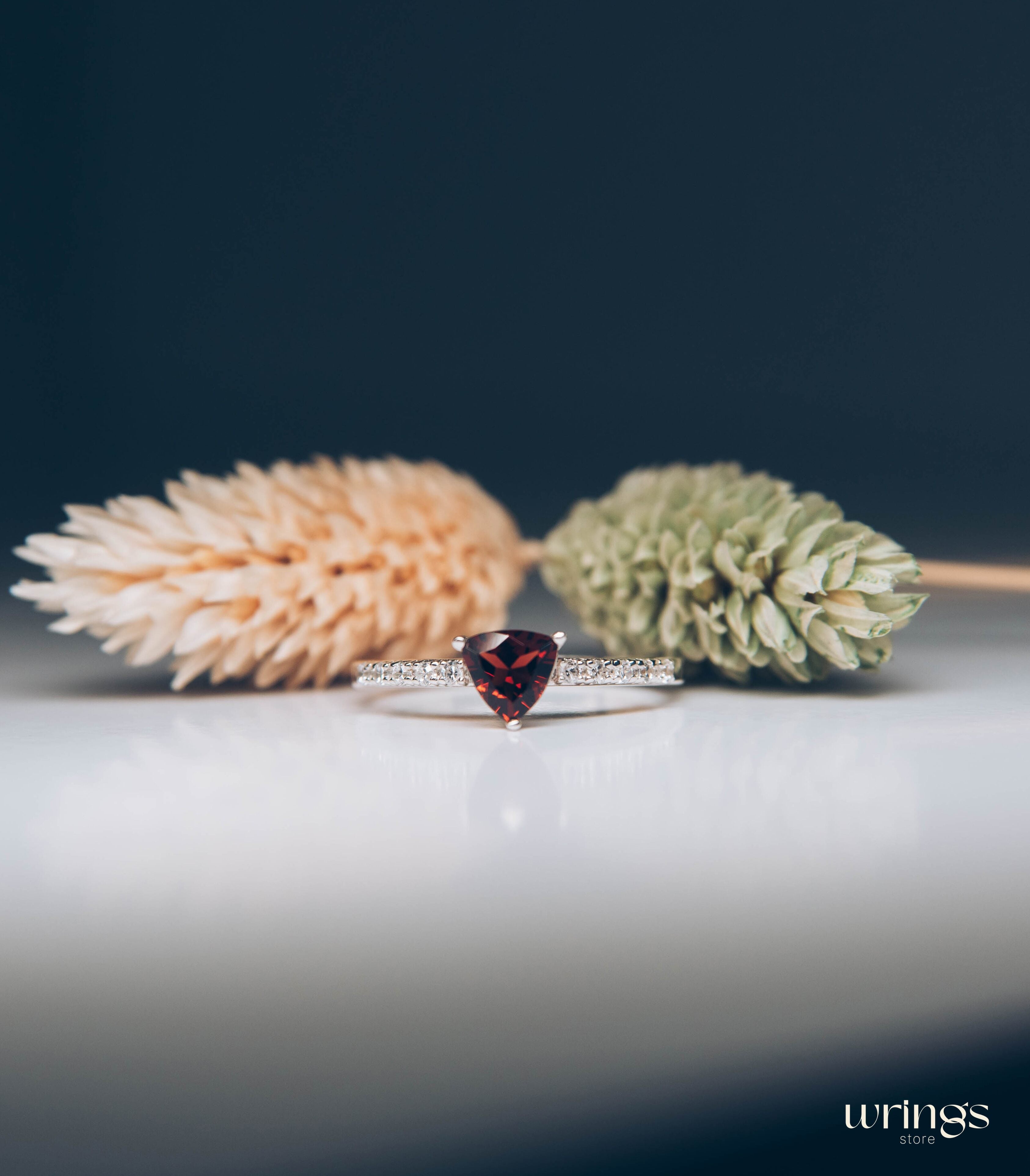 Trilliant Garnet Engagement Ring Silver & Side CZ Stones