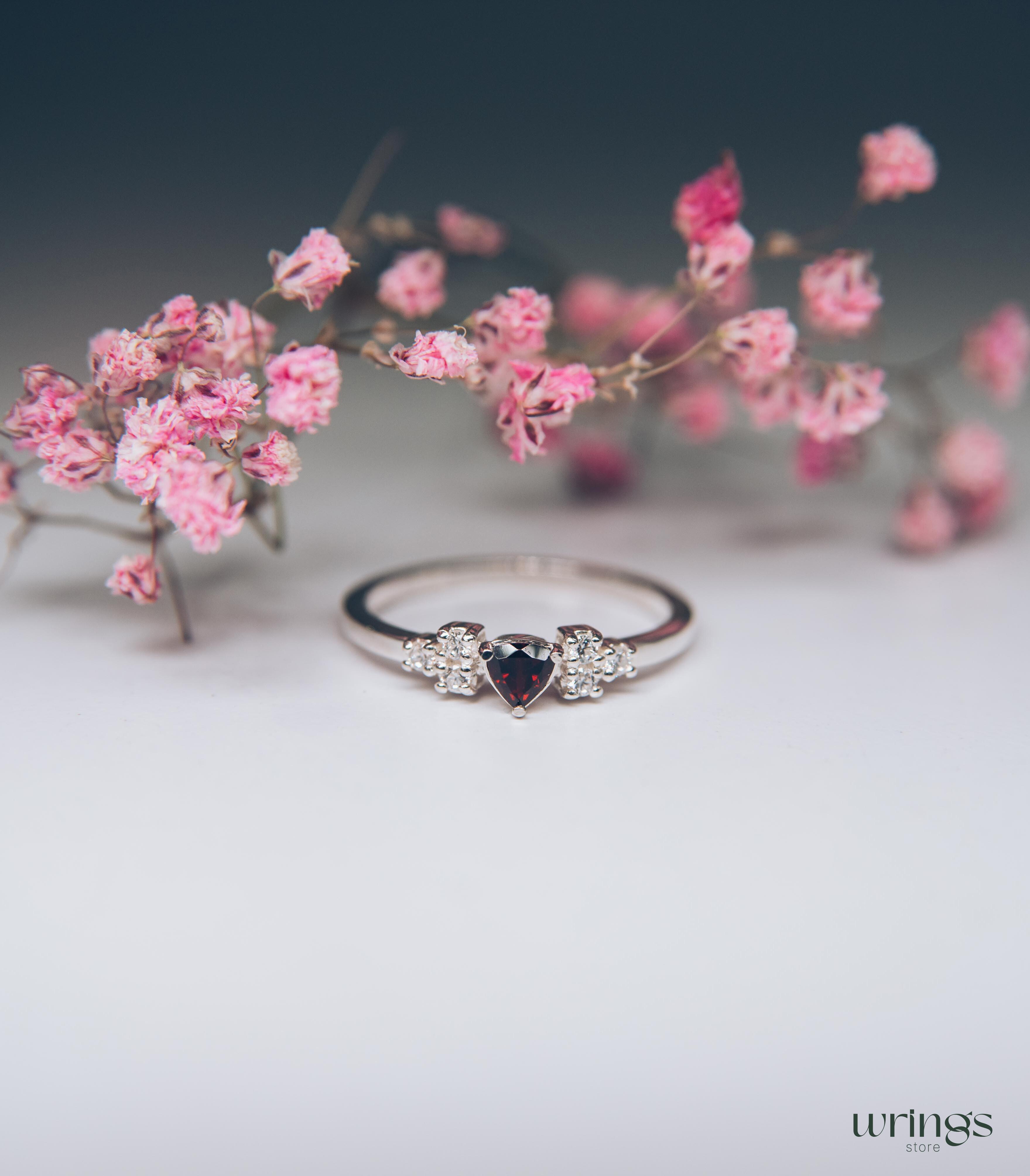 Silver Cluster Engagement Ring Trillion Garnet center & CZ