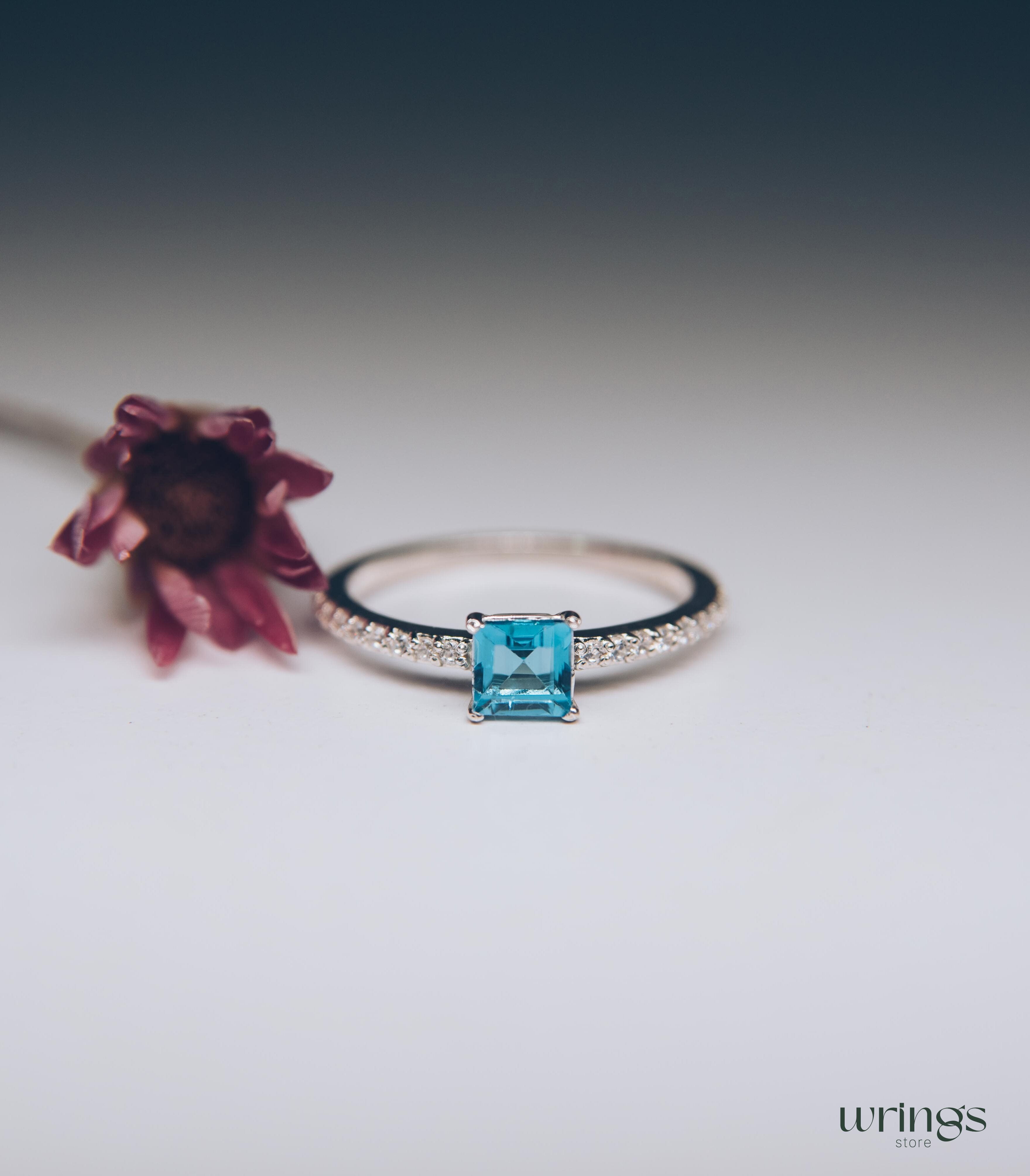 Square Blue Topaz Engagement Ring Silver & CZ Side Stones