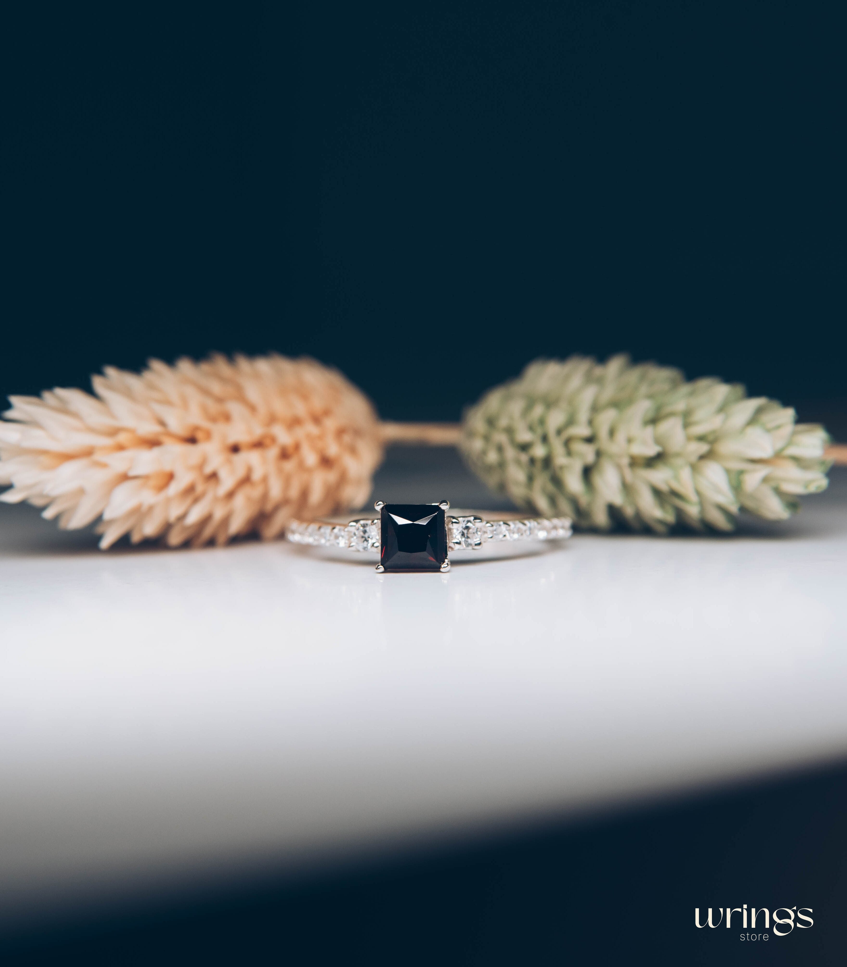 Square Cut Garnet Engagement Ring Silver with accents