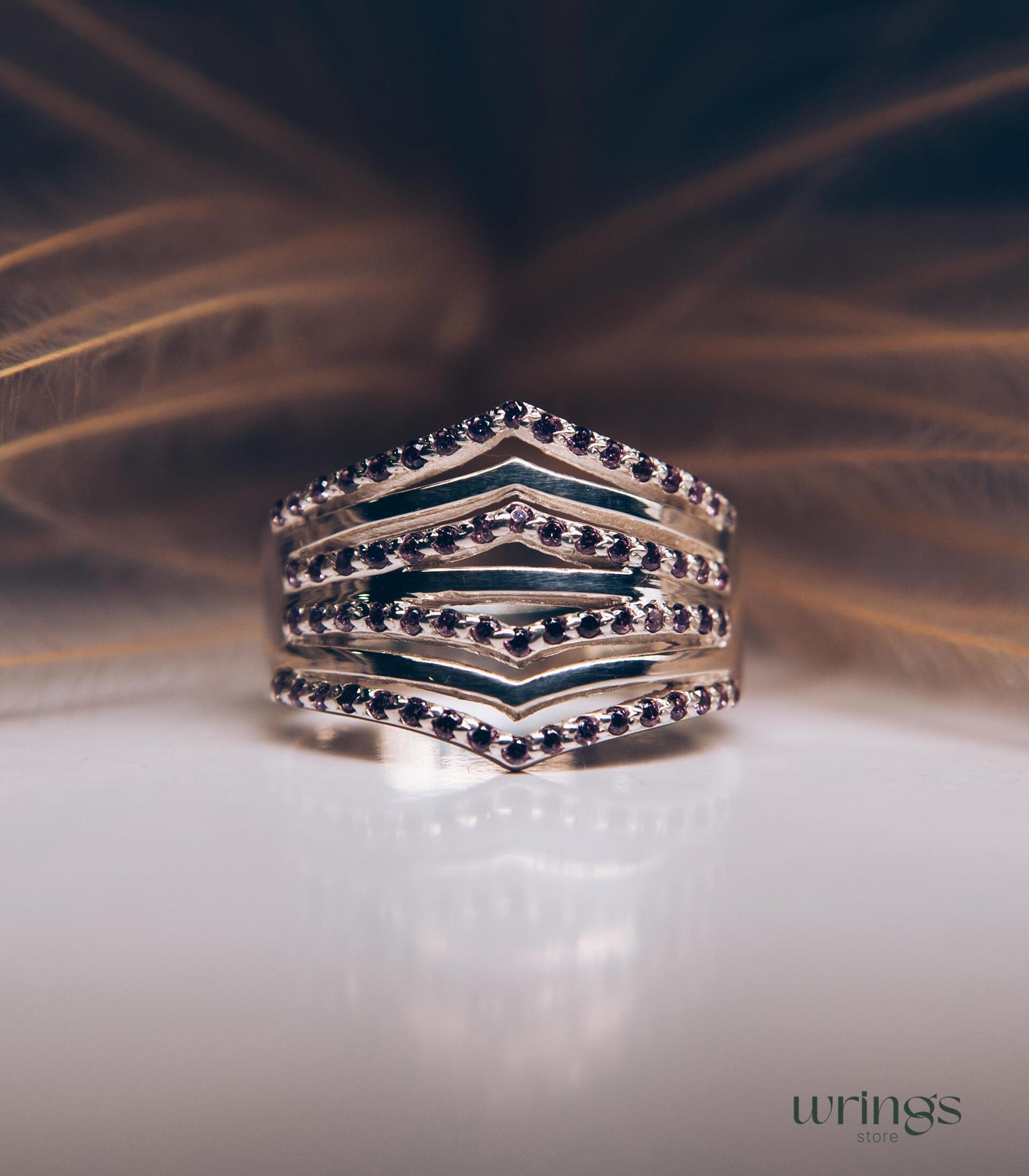 Multi Stone Amethyst Womens Signet Ring Double Chevron