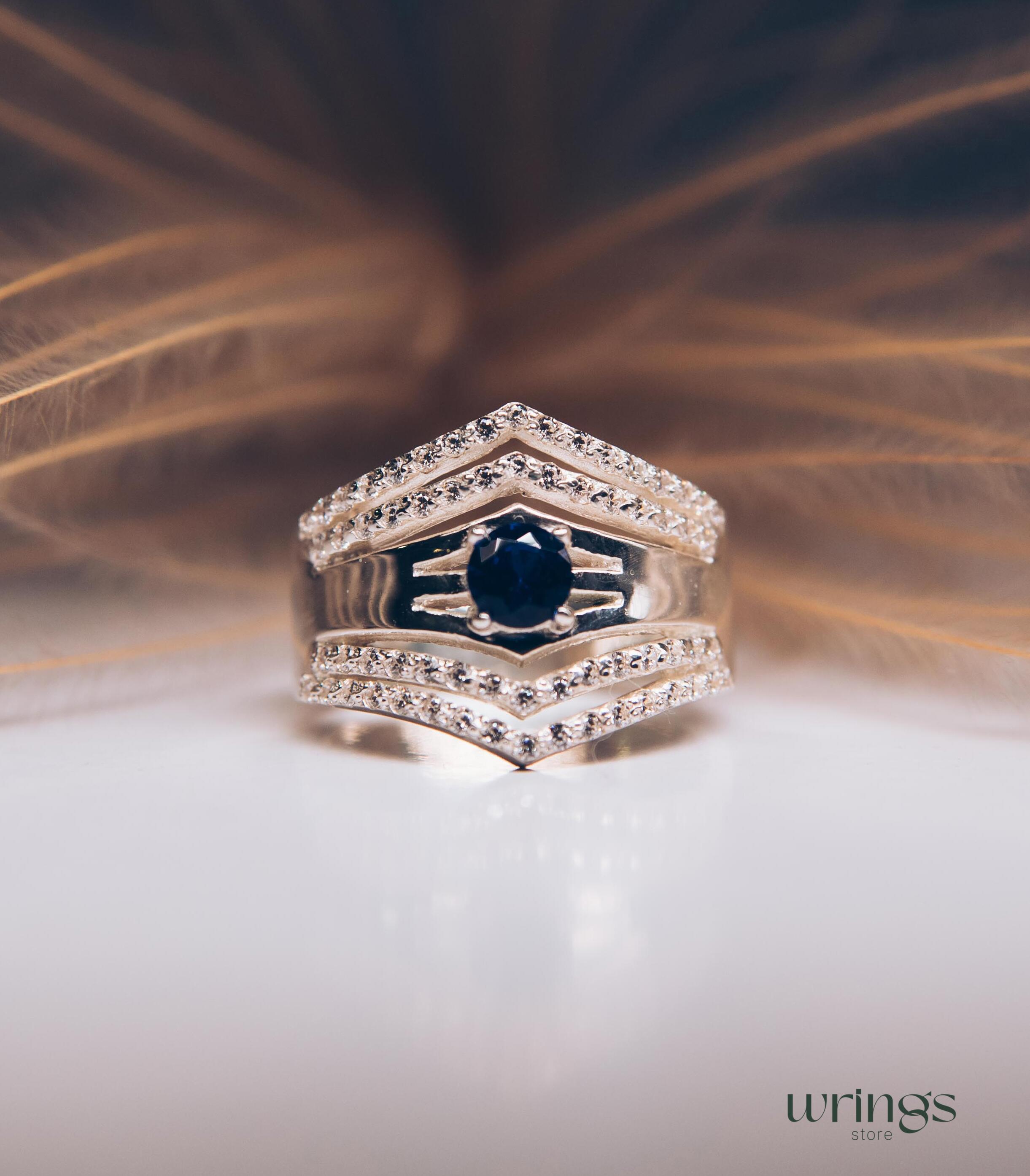 Double Chevron Band LG Blue Sapphire and Diamonds CZ