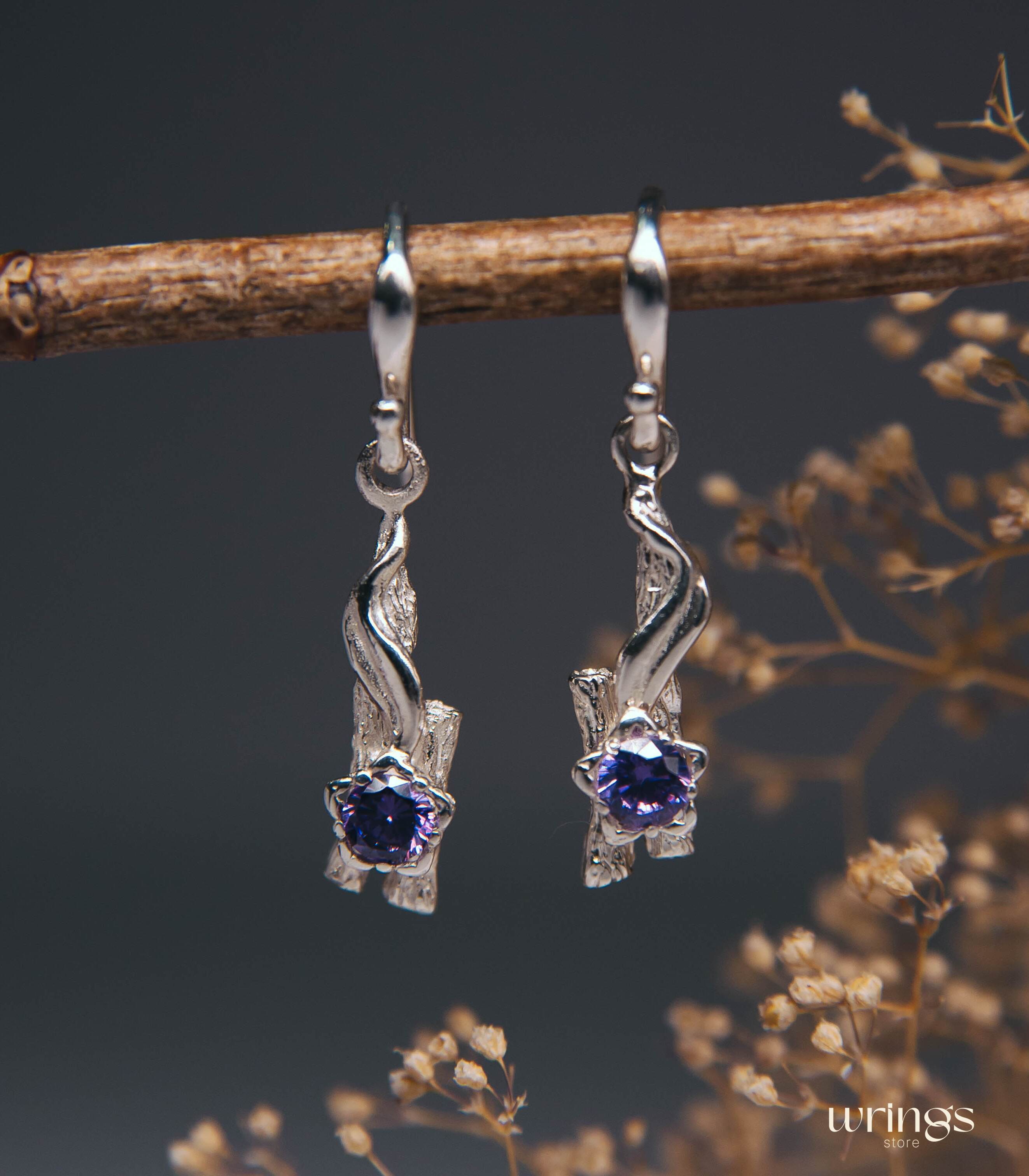 Amethyst Nature Earrings Flower Leaf and Branch Silver