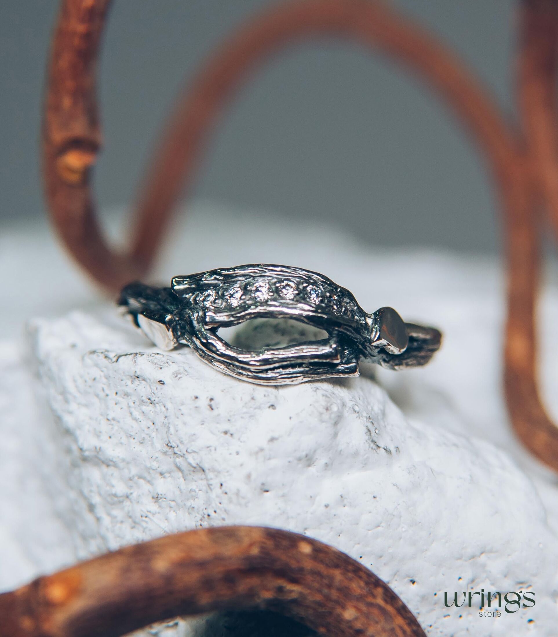 Stones on a Dainty Split Silver Branch & Leaves Cute Ring