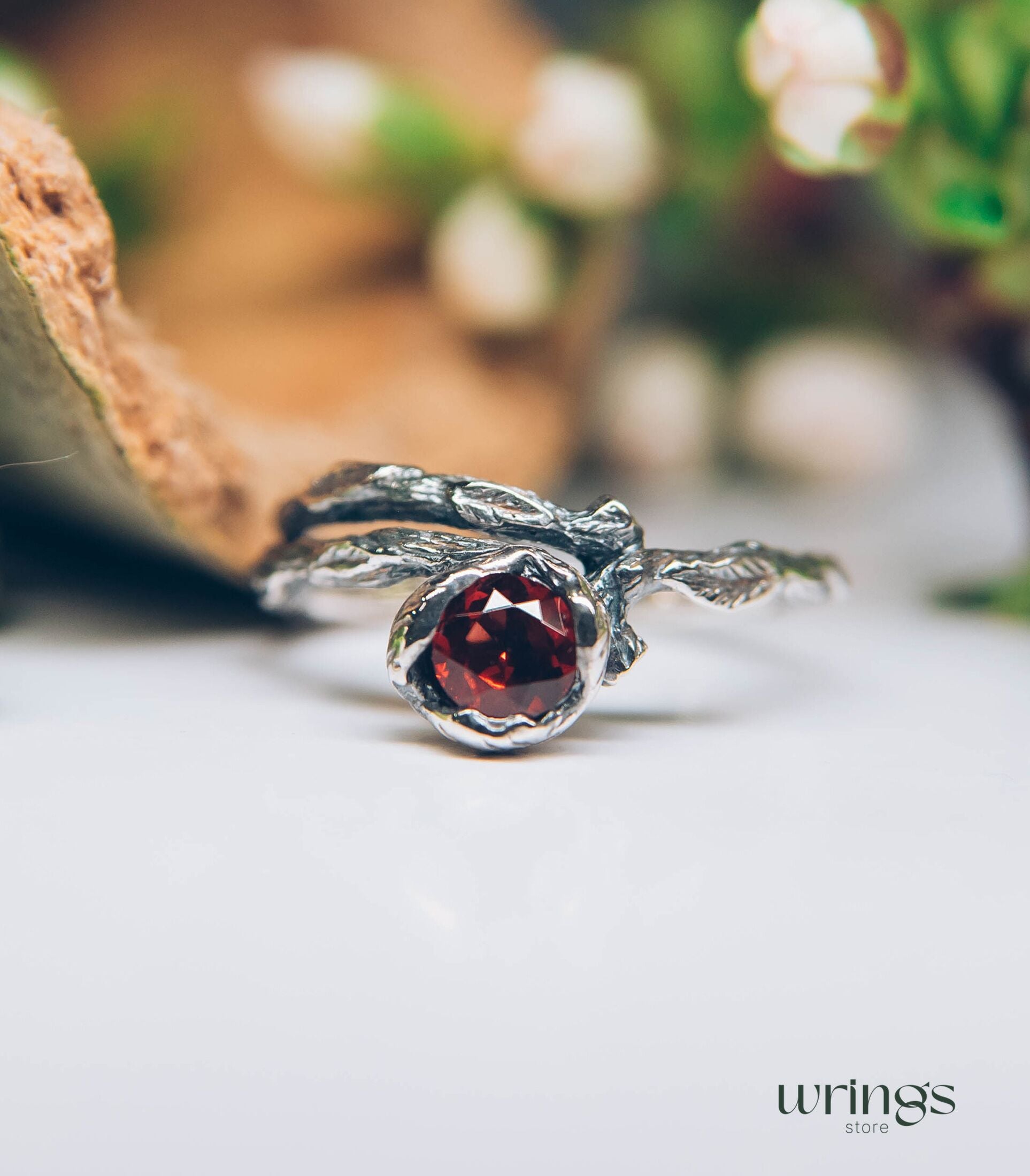 Unusual Branch and Leaves Silver Garnet Engagement Ring