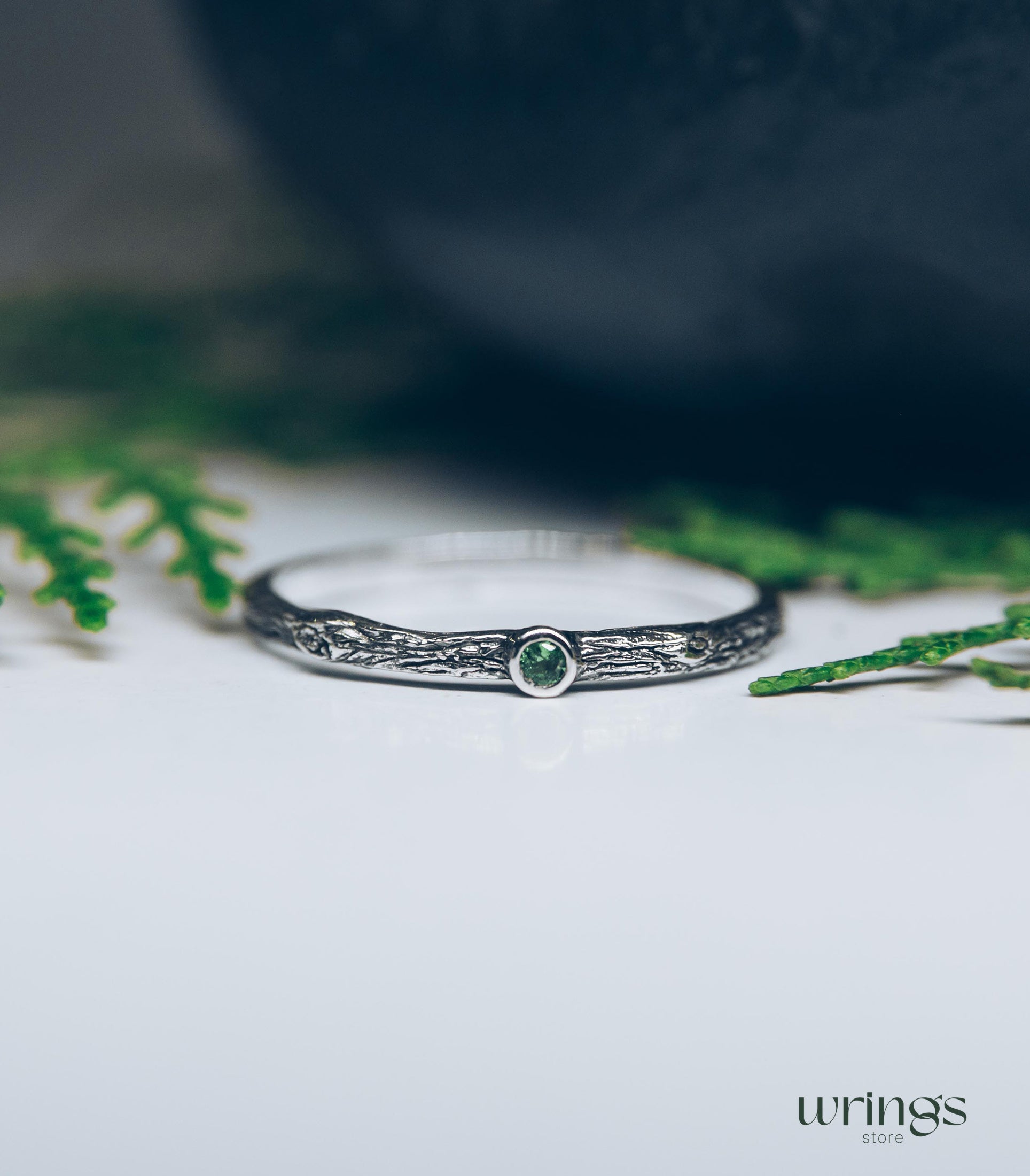 Extra Tiny Silver Branch Wedding Band with Emerald