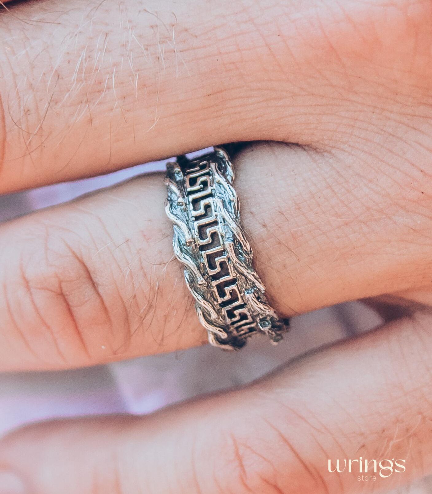 Men's Greek key & Tree bark Silver Wedding Band