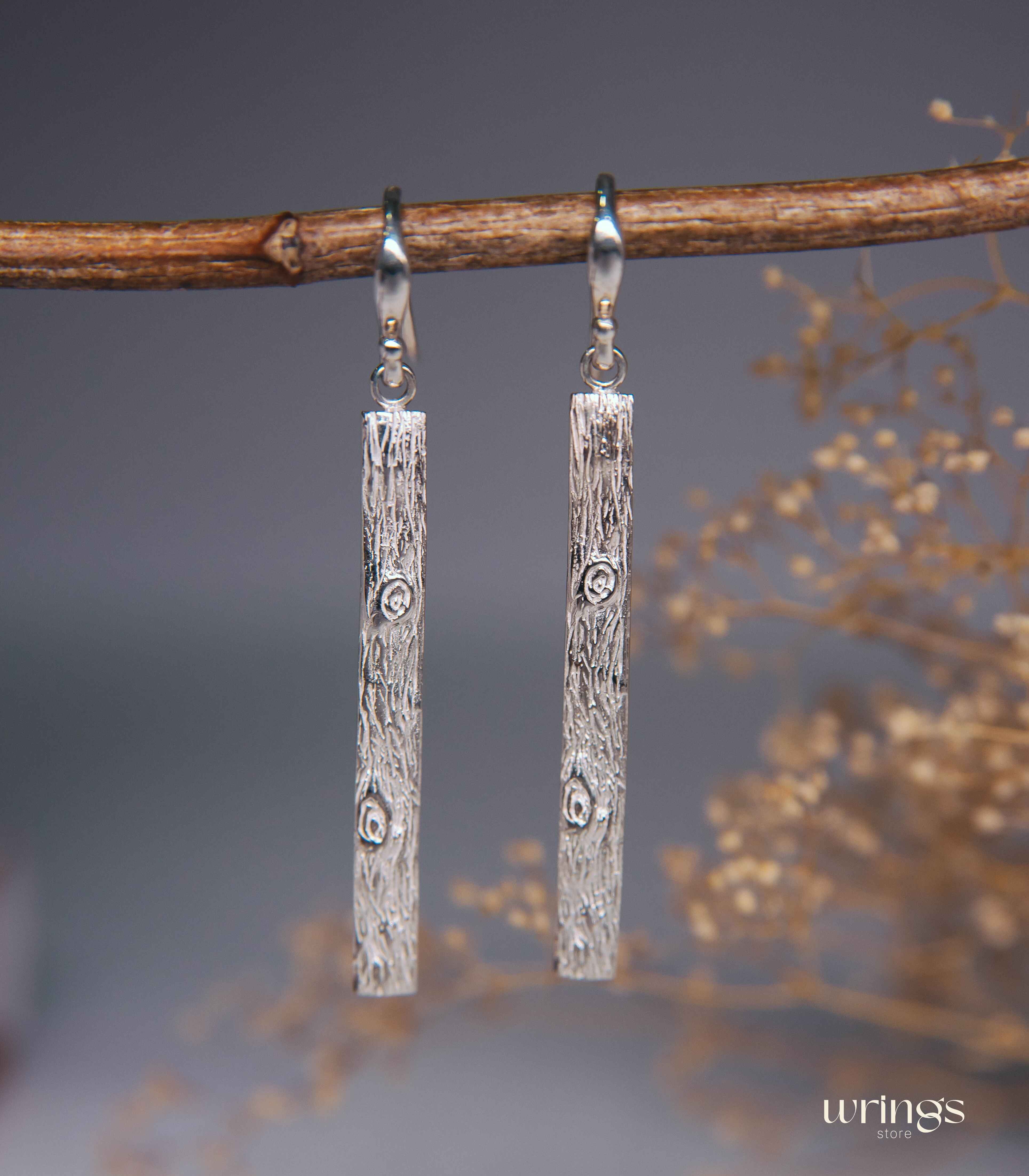 Long Tree Bark Drop Earrings Silver Rustic Naturalist