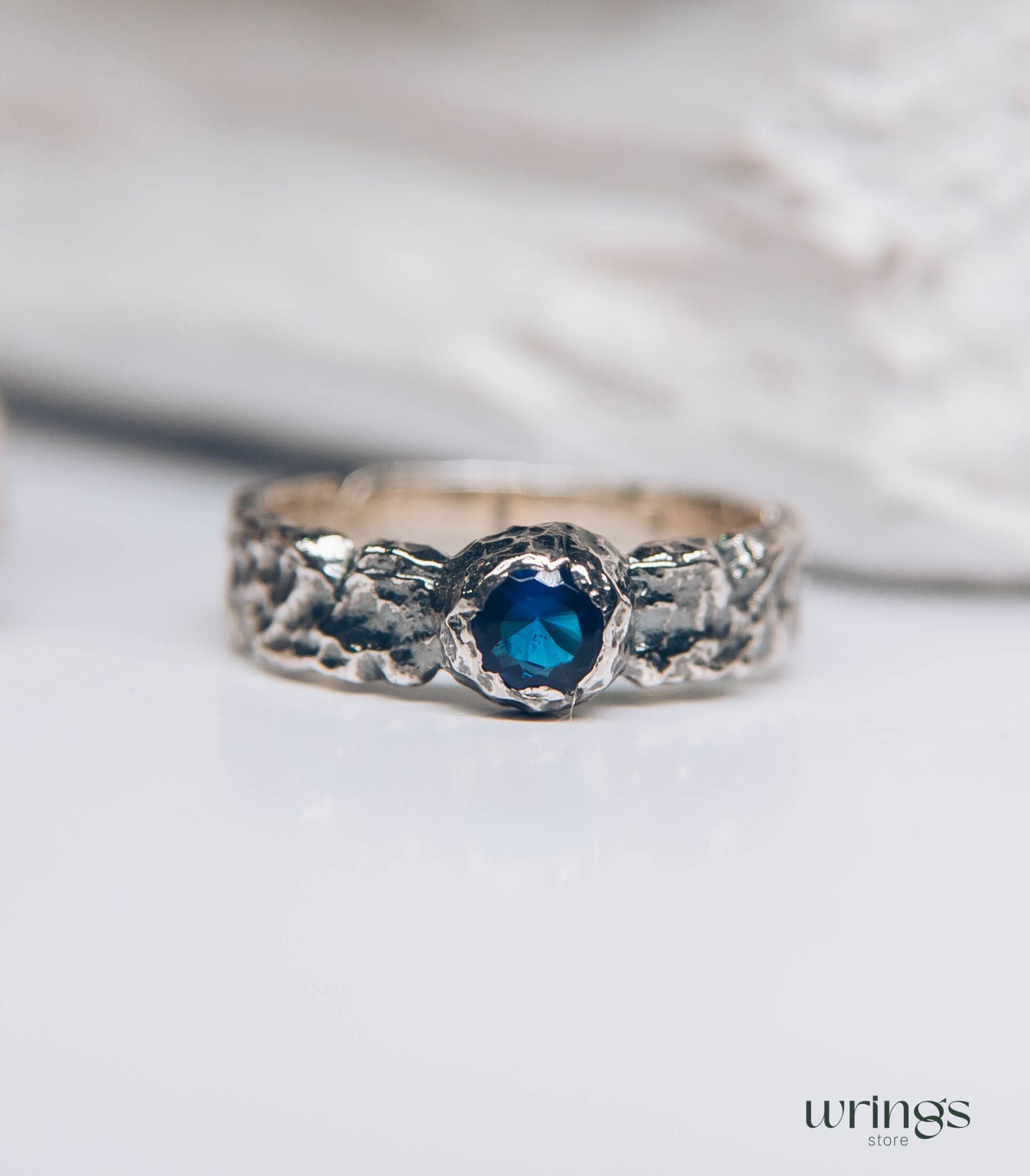 Sapphire Women's & Men's Hammered Sterling Silver Ring