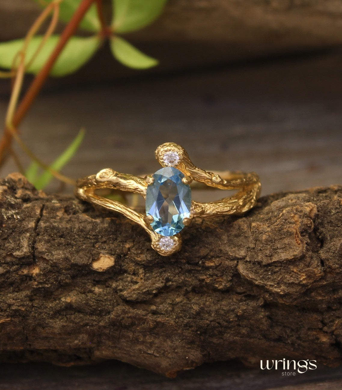 Split Branch Three Stone Topaz Engagement Ring 14k Gold