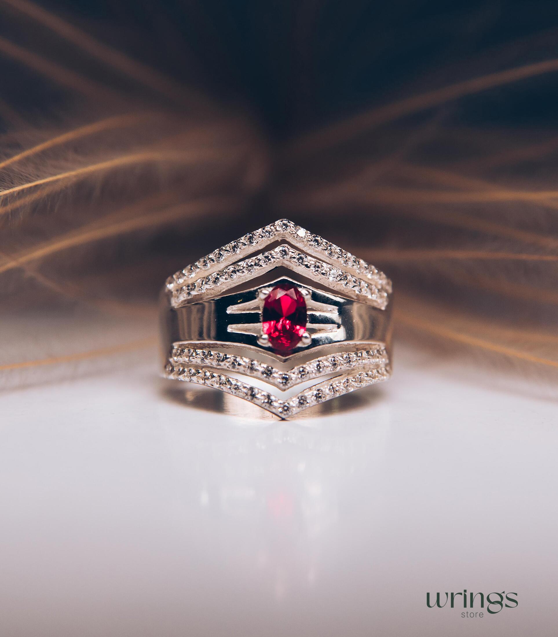 Extra Wide Silver Chevron Band Oval Ruby & Faux Diamonds