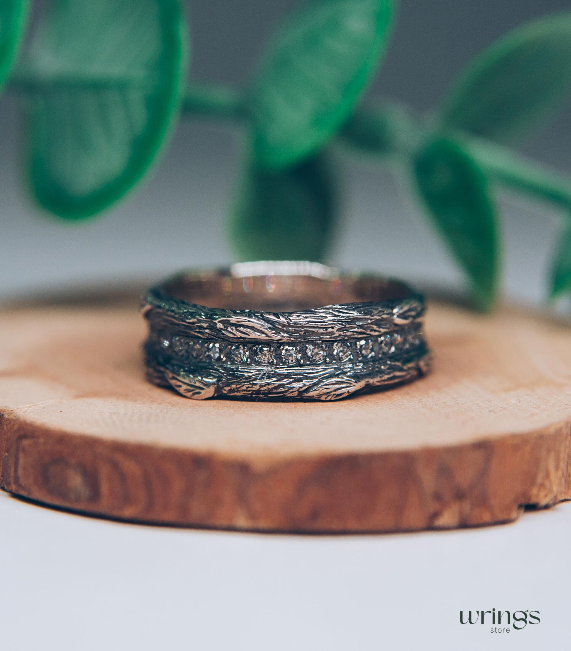 Silver Eternity Ring Wood Leaves and White Stones