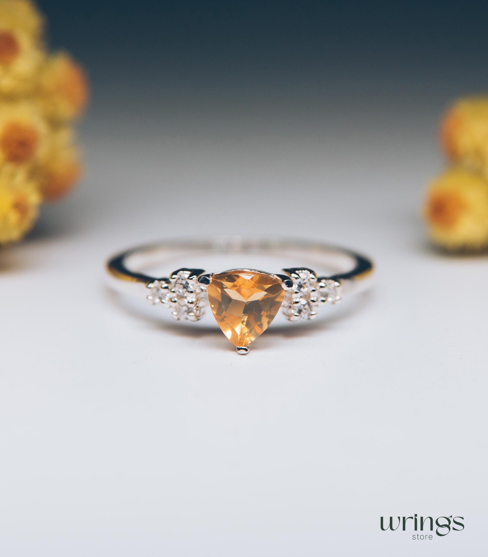 Central Trillion Citrine Cluster Engagement Ring Silver