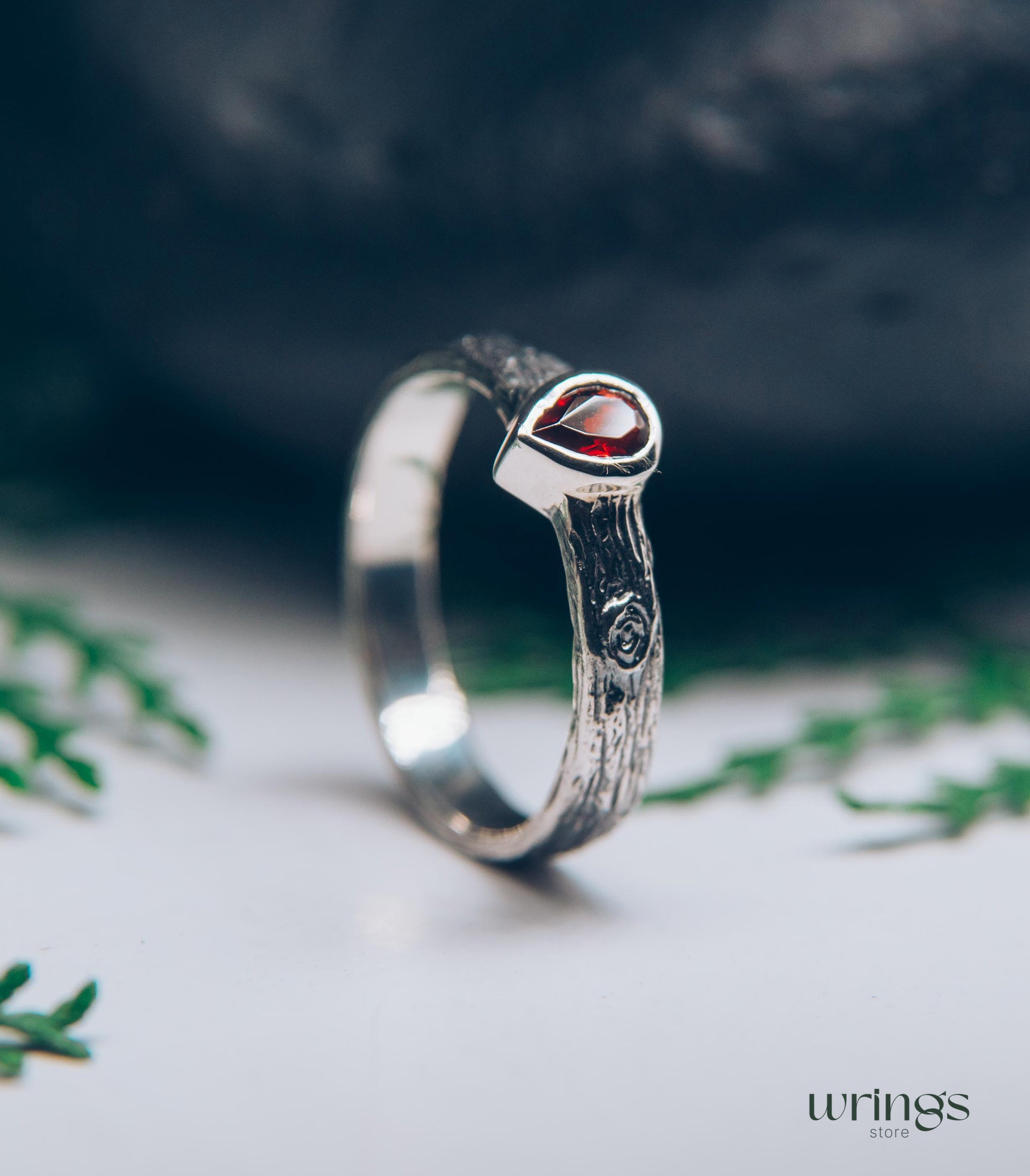 Pear cut Garnet Ring with Sterling Silver Tree bark