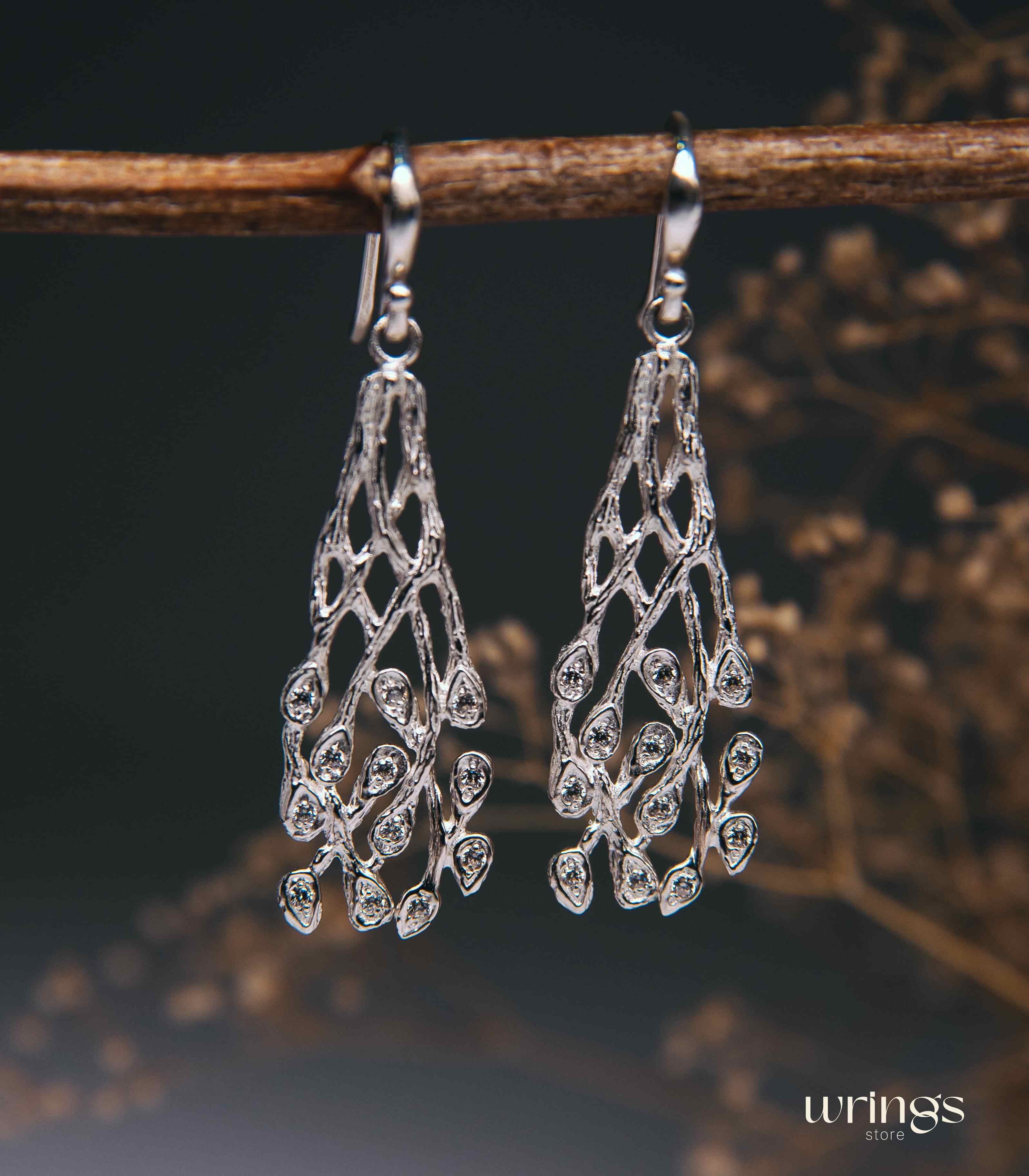 Layering Branch Gemstone Earrings Silver Cottagecore