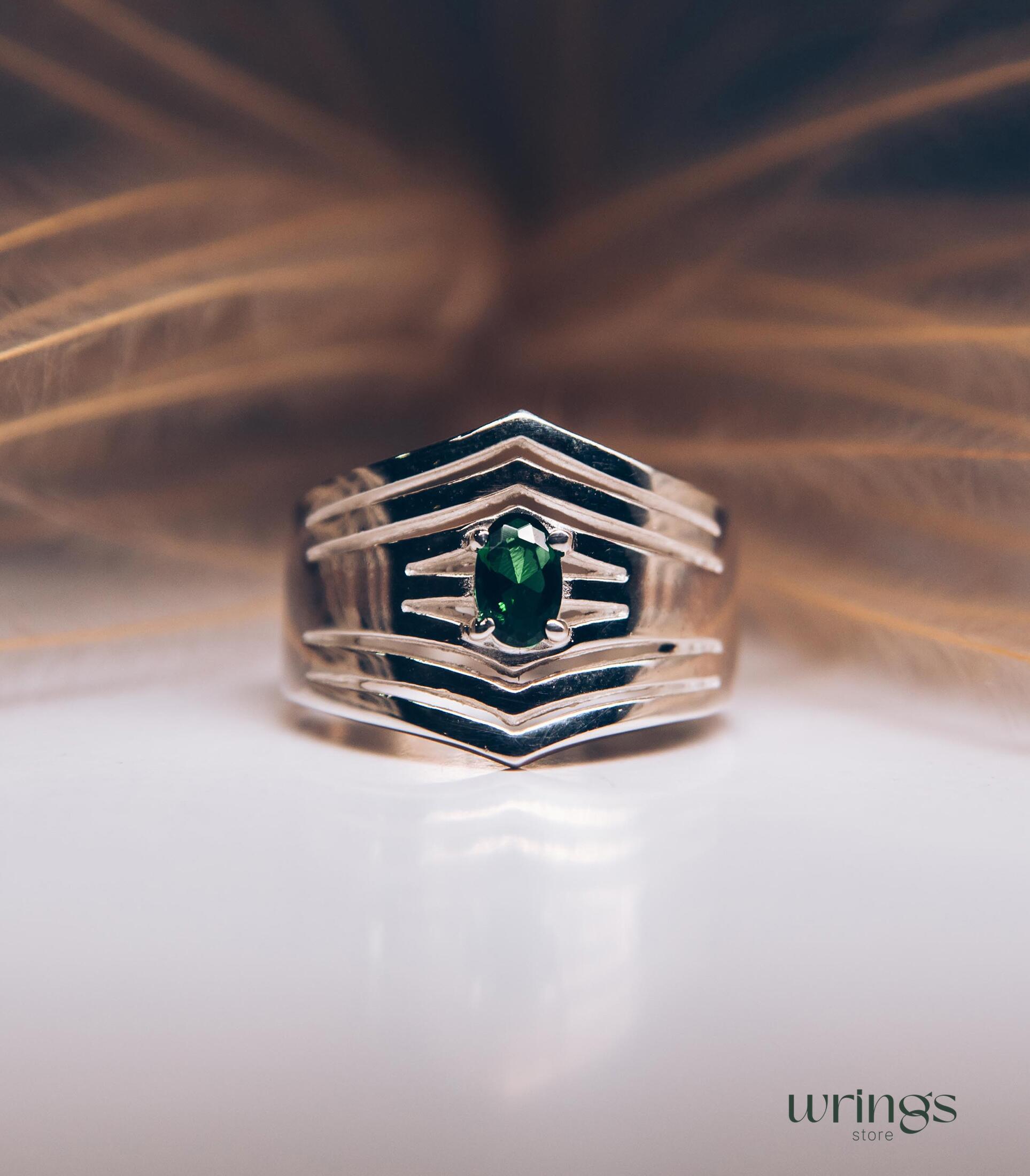 Wide Double Chevron Silver Band with LG Emerald
