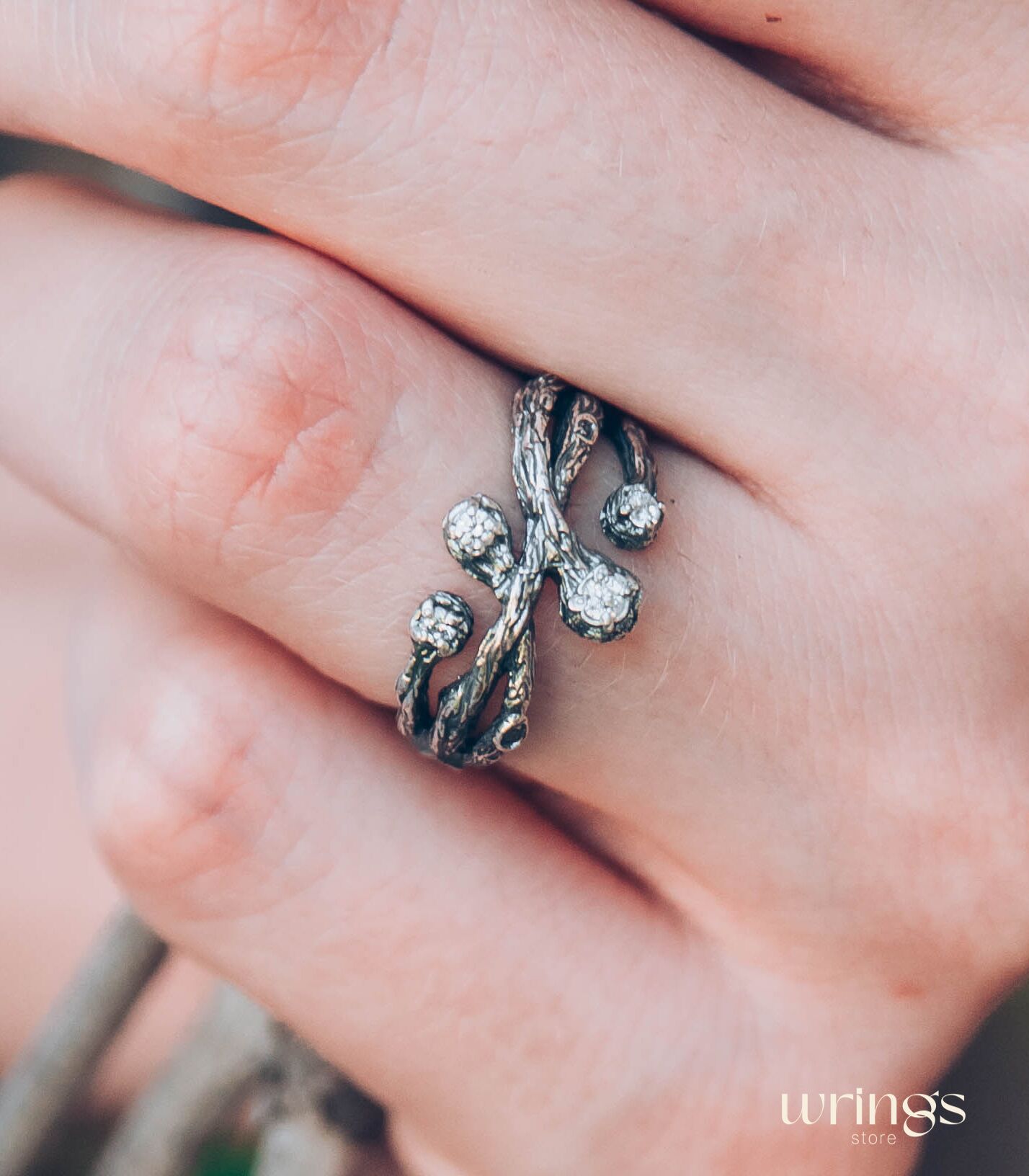 Intertwined Silver Branch Ring with 4 Gemstones