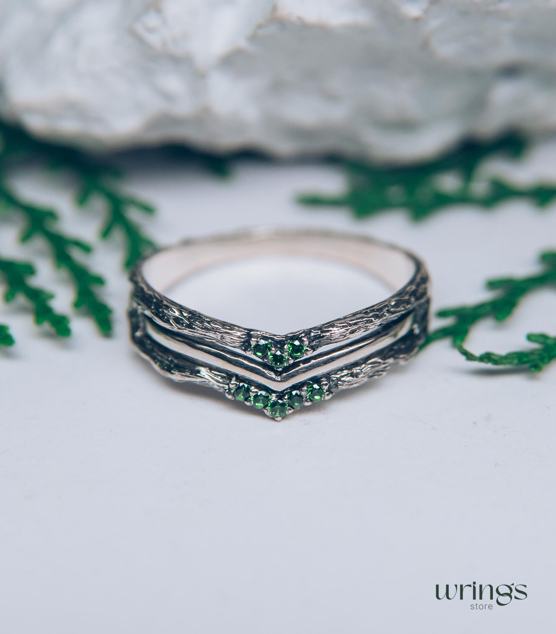 Silver Chevron Wedding Ring with Cute Tiny Emeralds