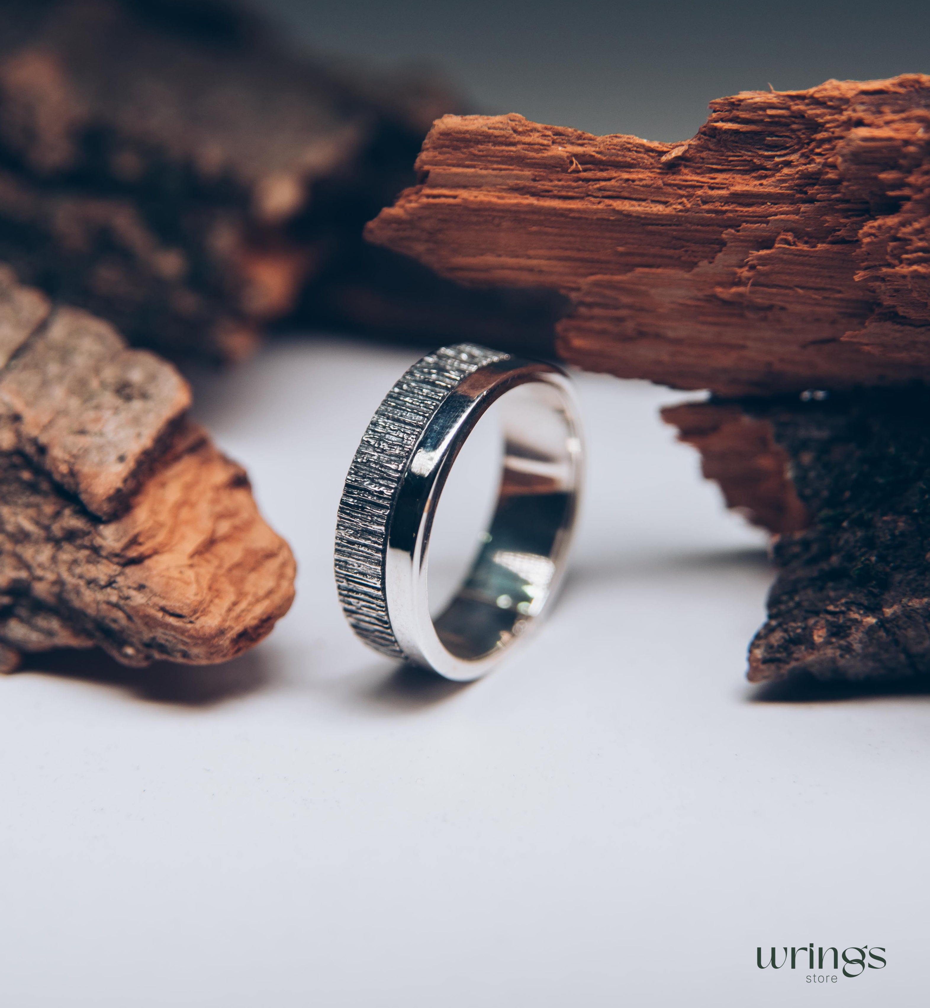 Double Textured Silver Tree Bark Wedding Band Rustic Style