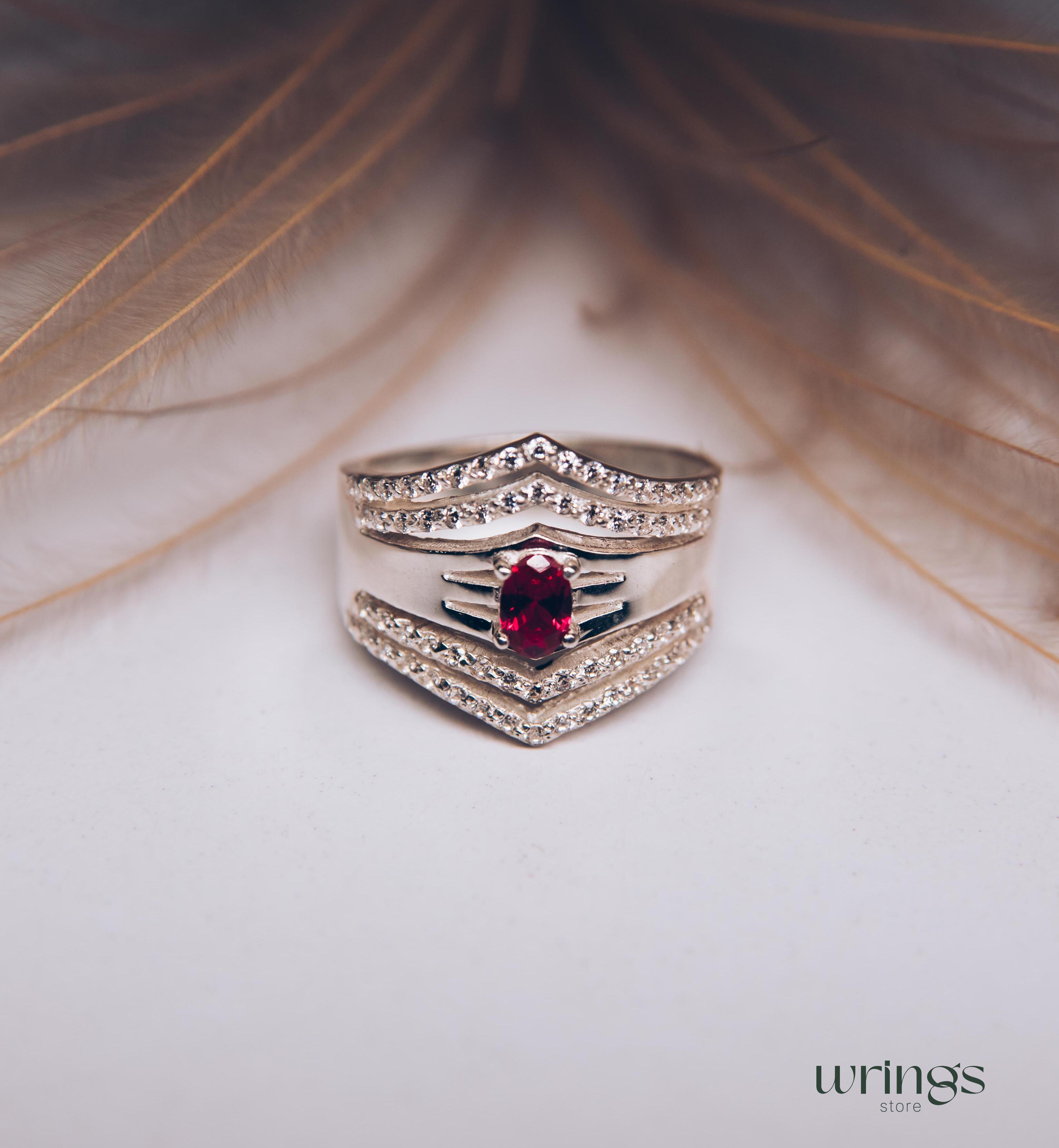 Extra Wide Silver Chevron Band Oval Ruby & Faux Diamonds