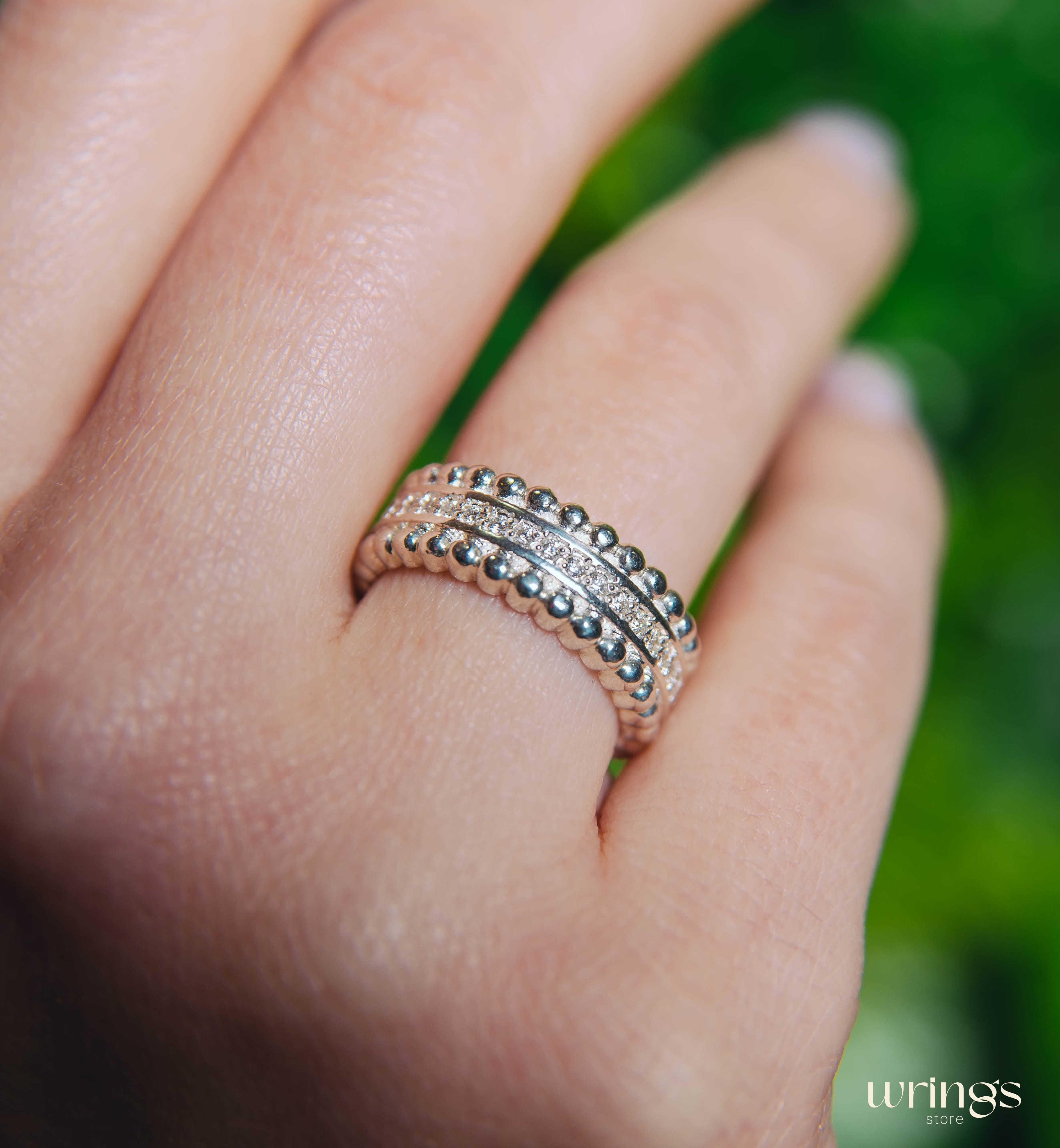 Unique Beaded Silver Half Eternity Band with Diamonds