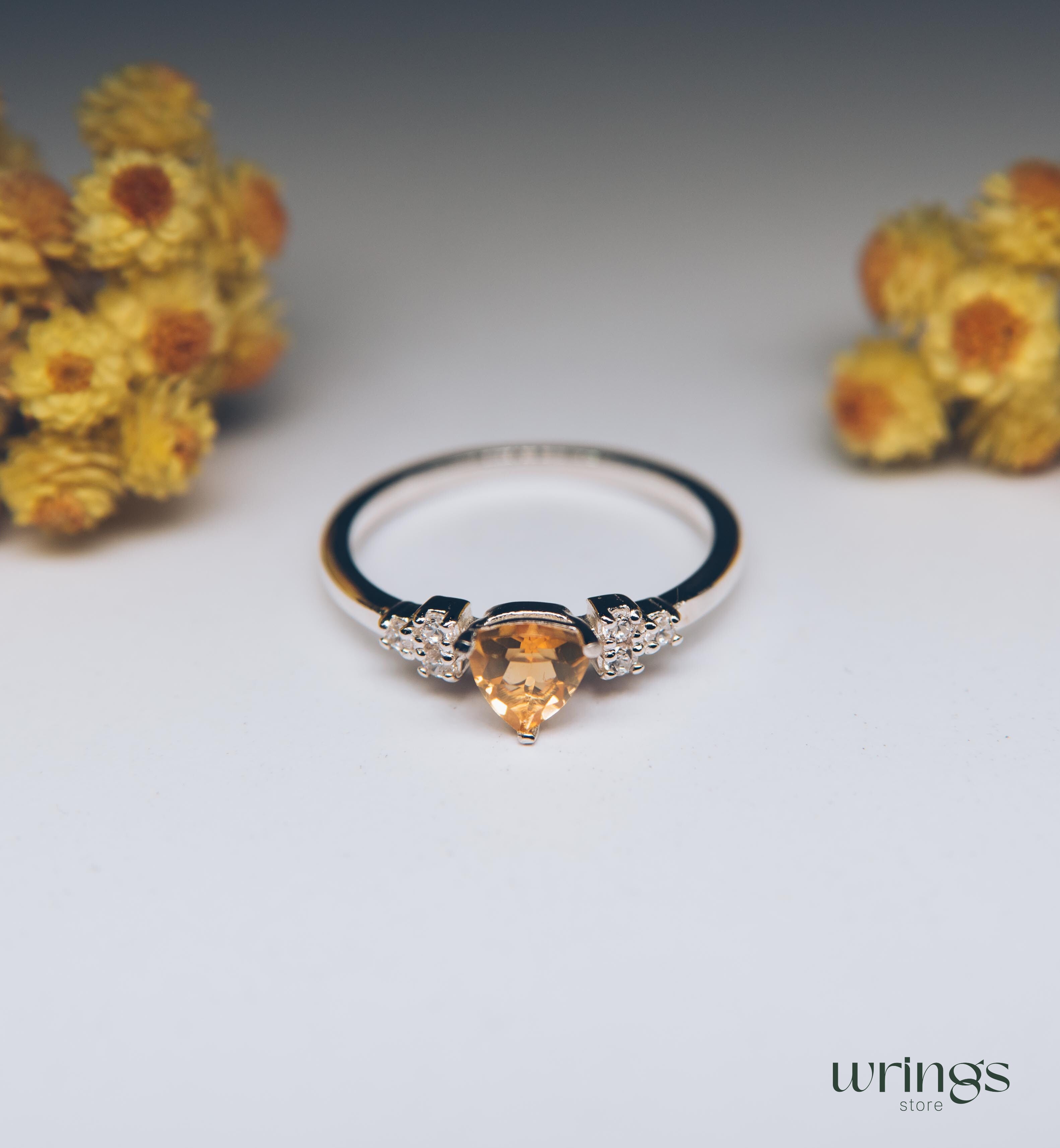 Central Trillion Citrine Cluster Engagement Ring Silver