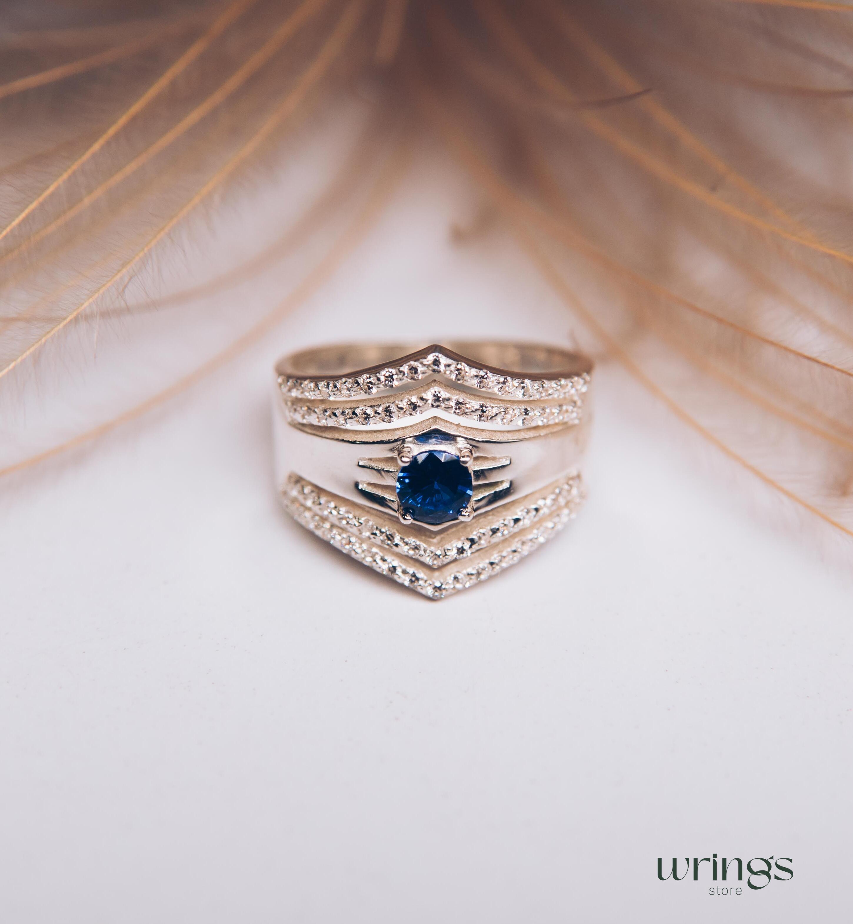 Double Chevron Band LG Blue Sapphire and Diamonds CZ