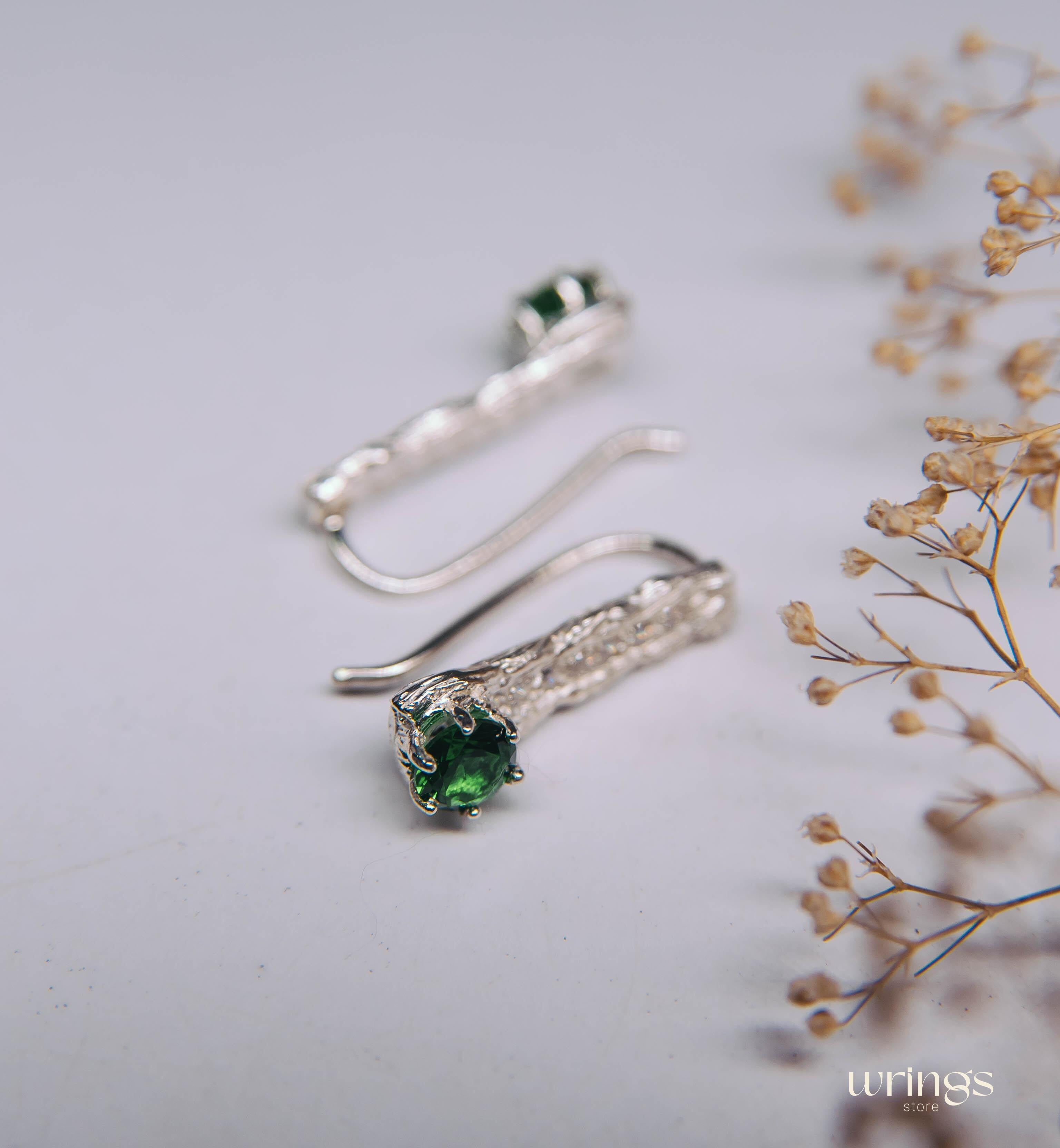Tree Bark Silver Drop Earrings with Emerald and CZ