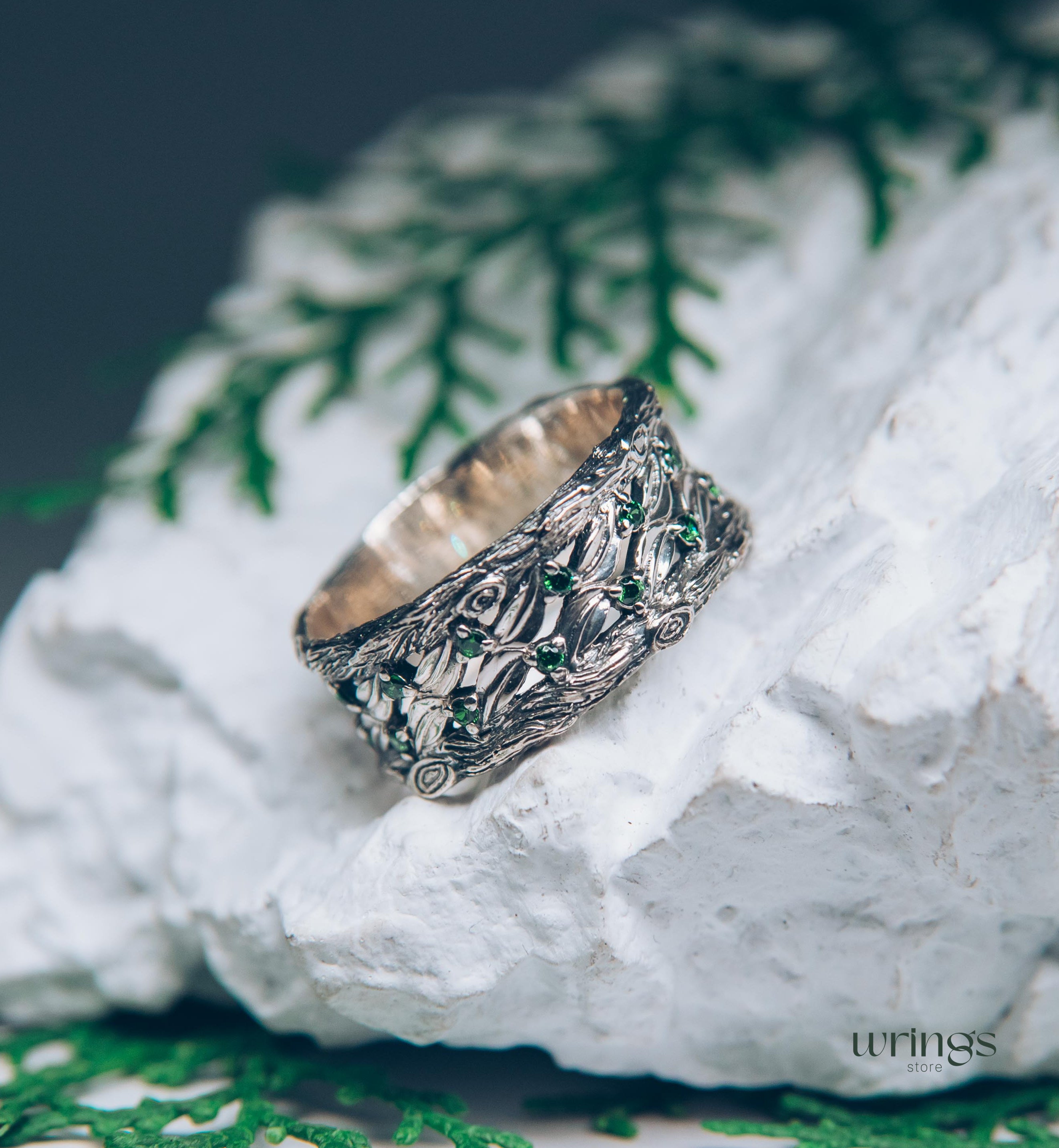 Silver Leaves and Branch Statement Wedding Band with Emeralds