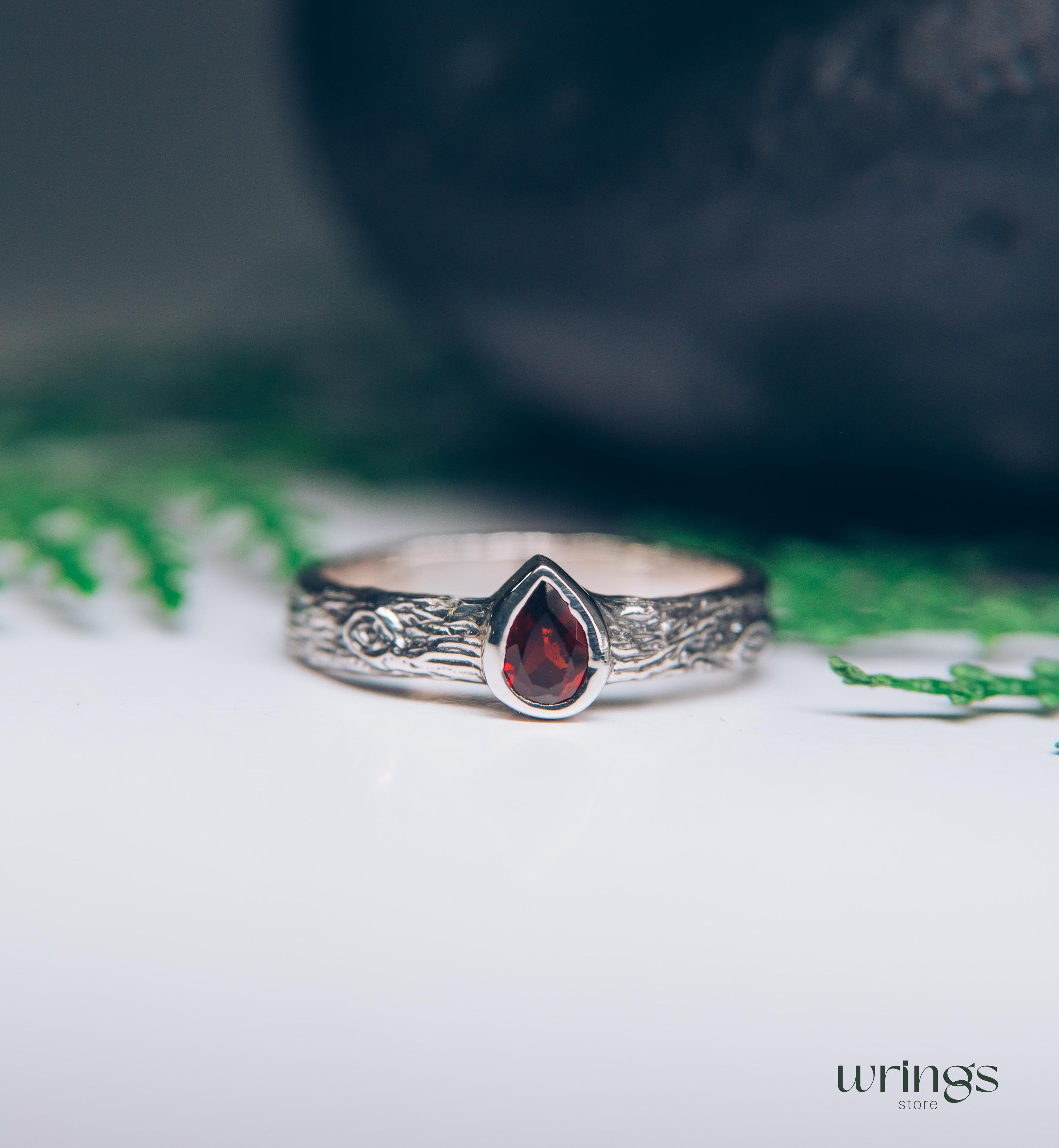 Pear cut Garnet Ring with Sterling Silver Tree bark