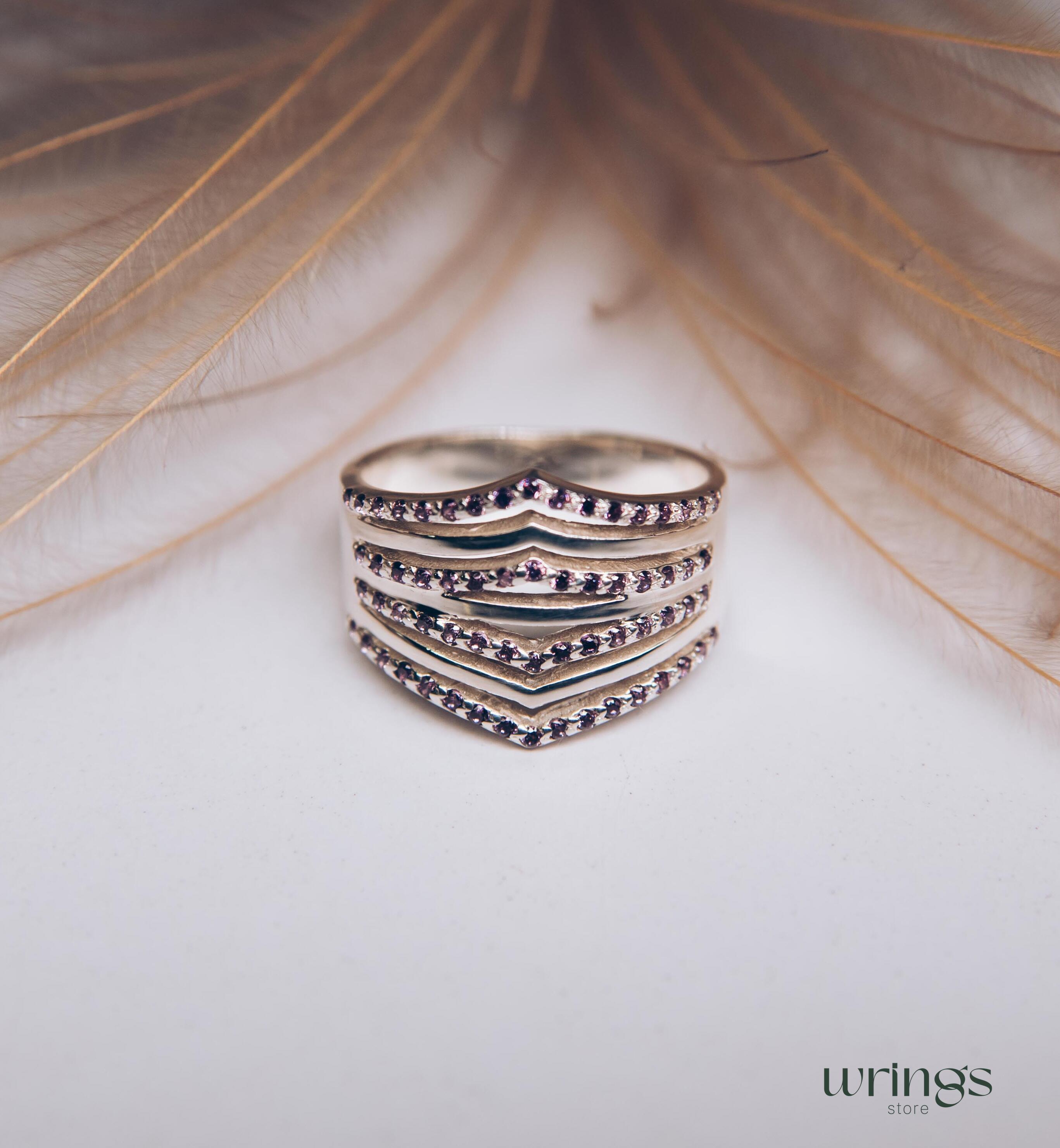 Multi Stone Amethyst Womens Signet Ring Double Chevron