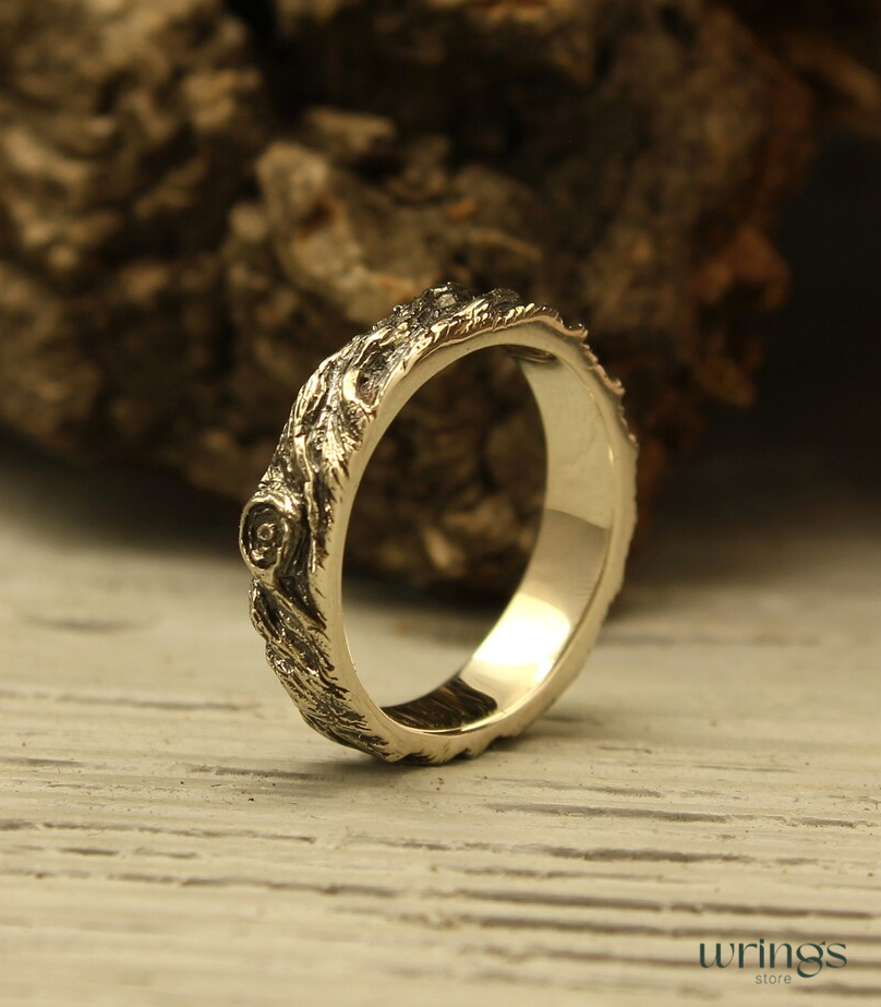 White Gold Wood Design Earthy Wedding Band Rustic Style