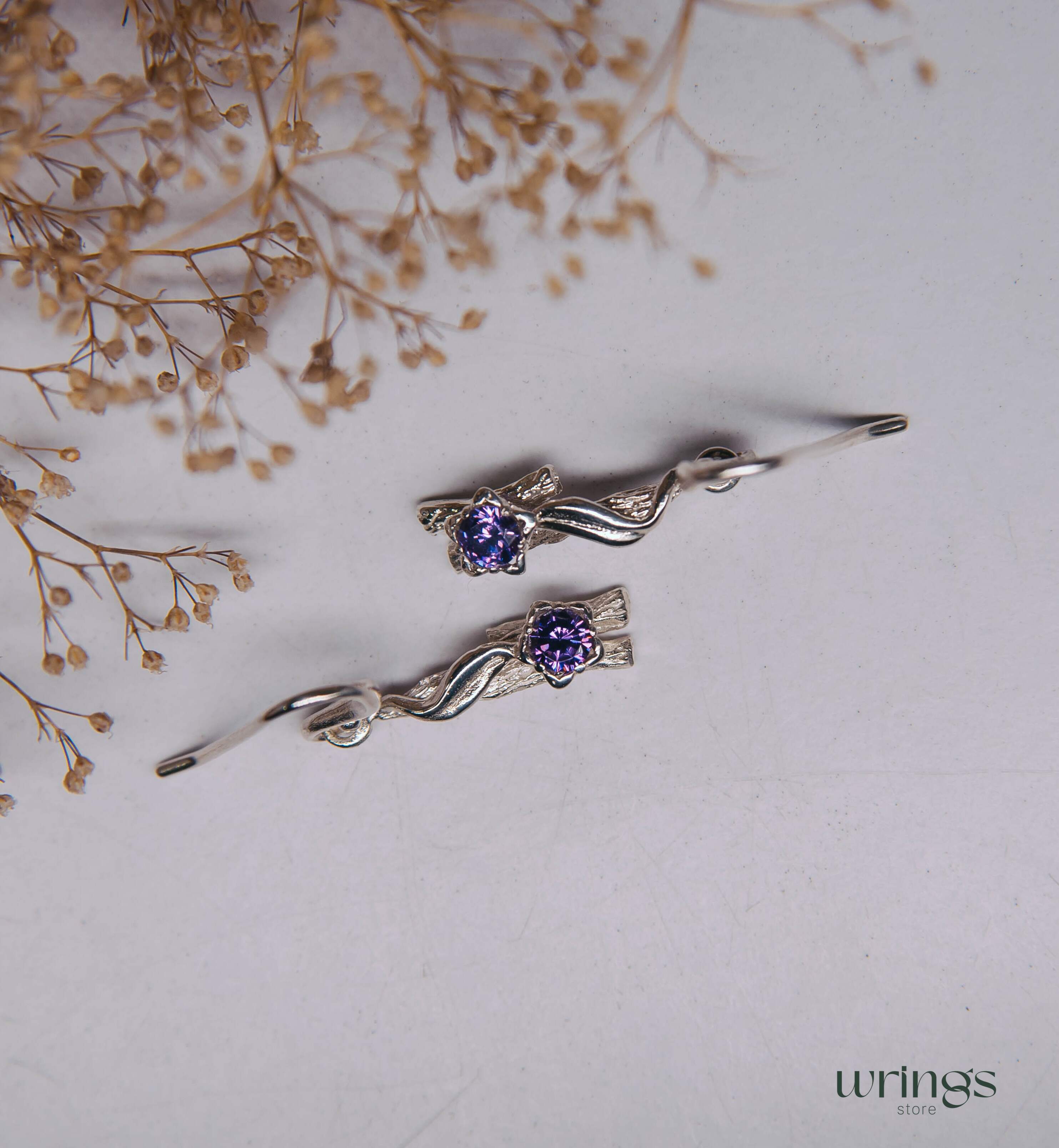 Amethyst Nature Earrings Flower Leaf and Branch Silver