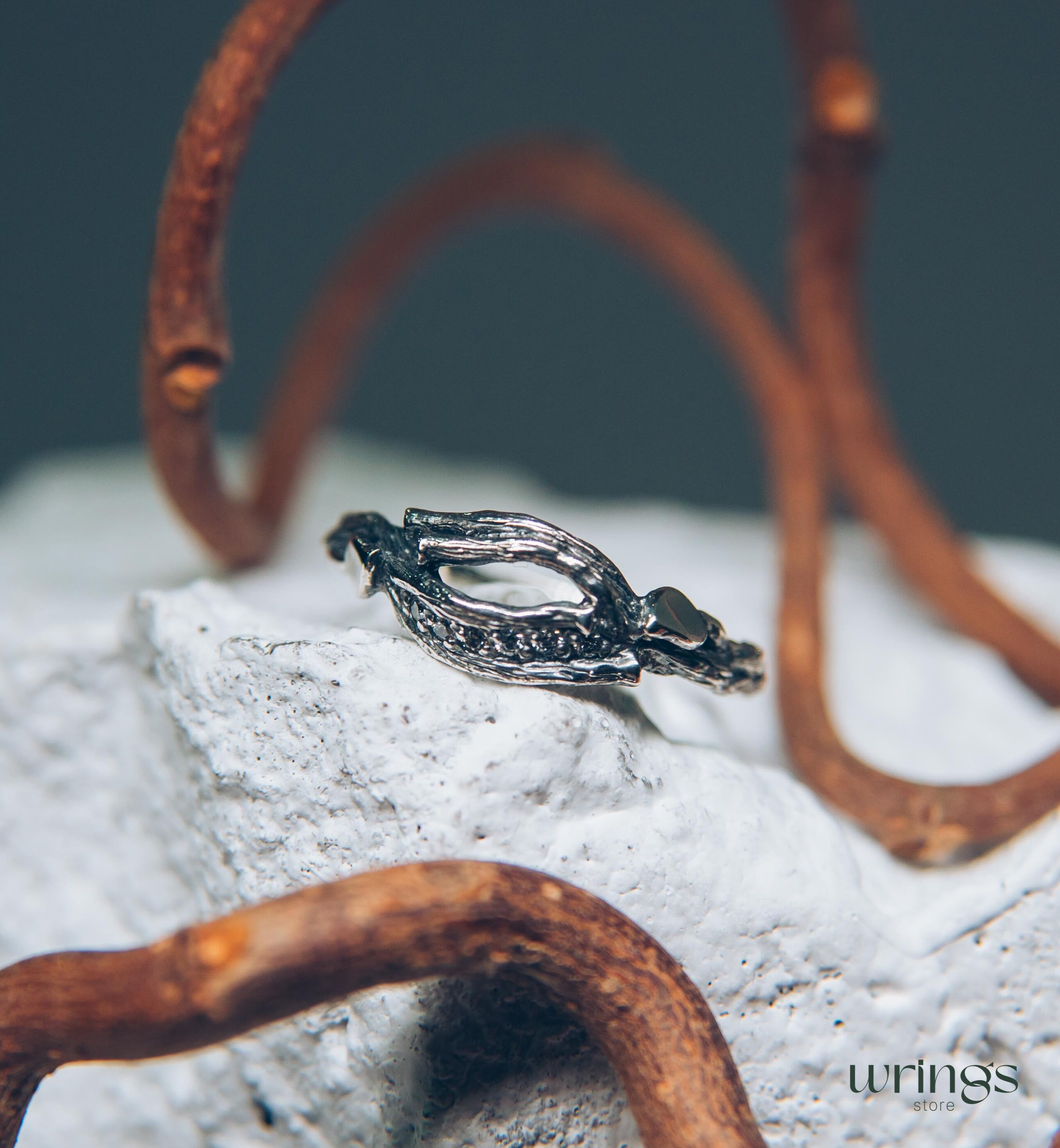 Stones on a Dainty Split Silver Branch & Leaves Cute Ring