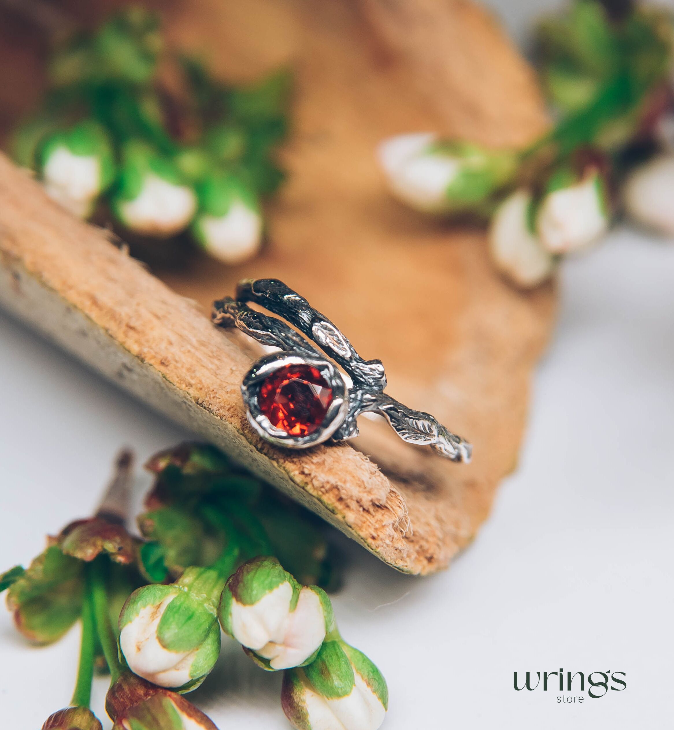 Unusual Branch and Leaves Silver Garnet Engagement Ring