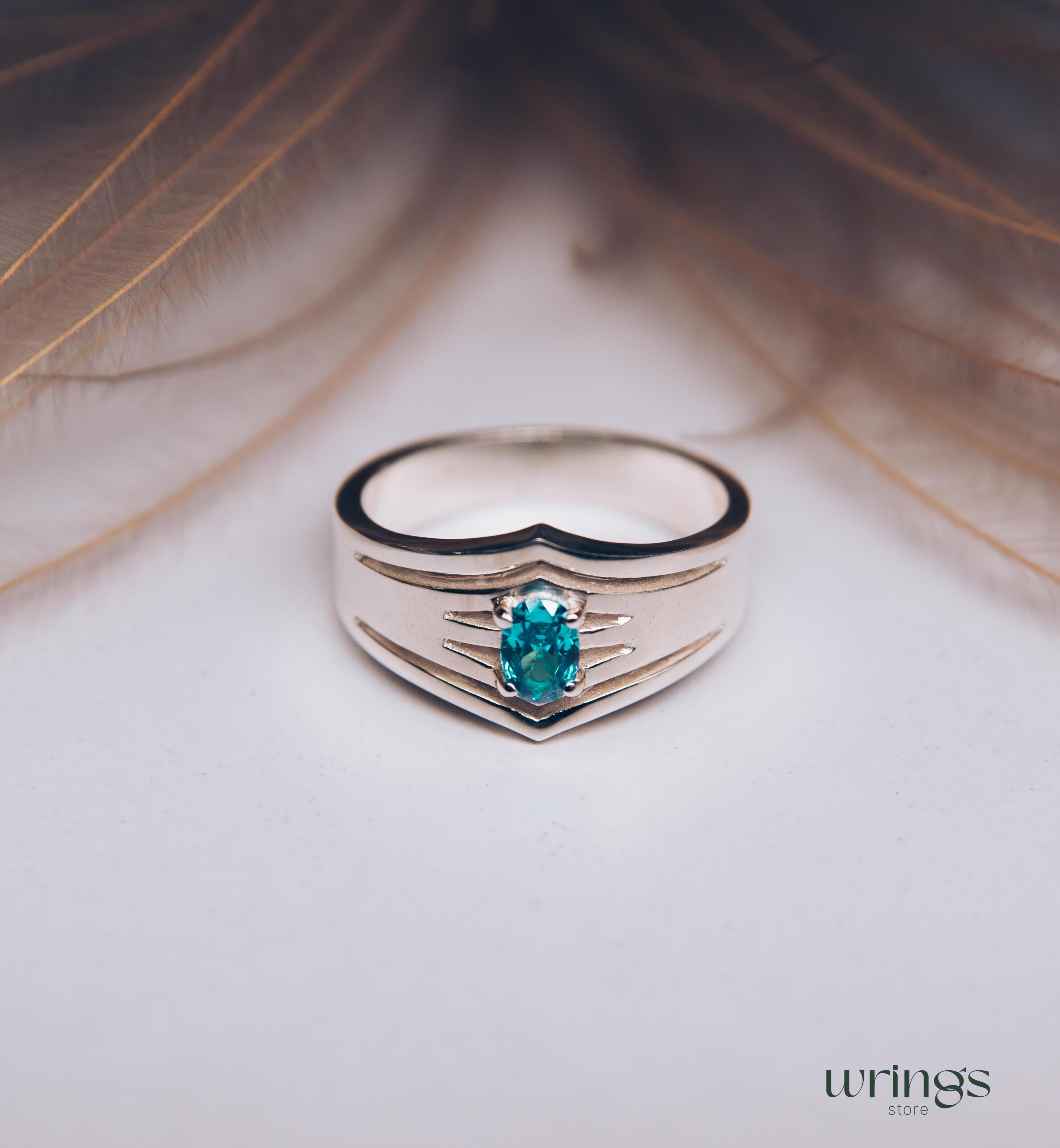 Double V-shaped Cocktail Oval Blue Topaz Ring Silver