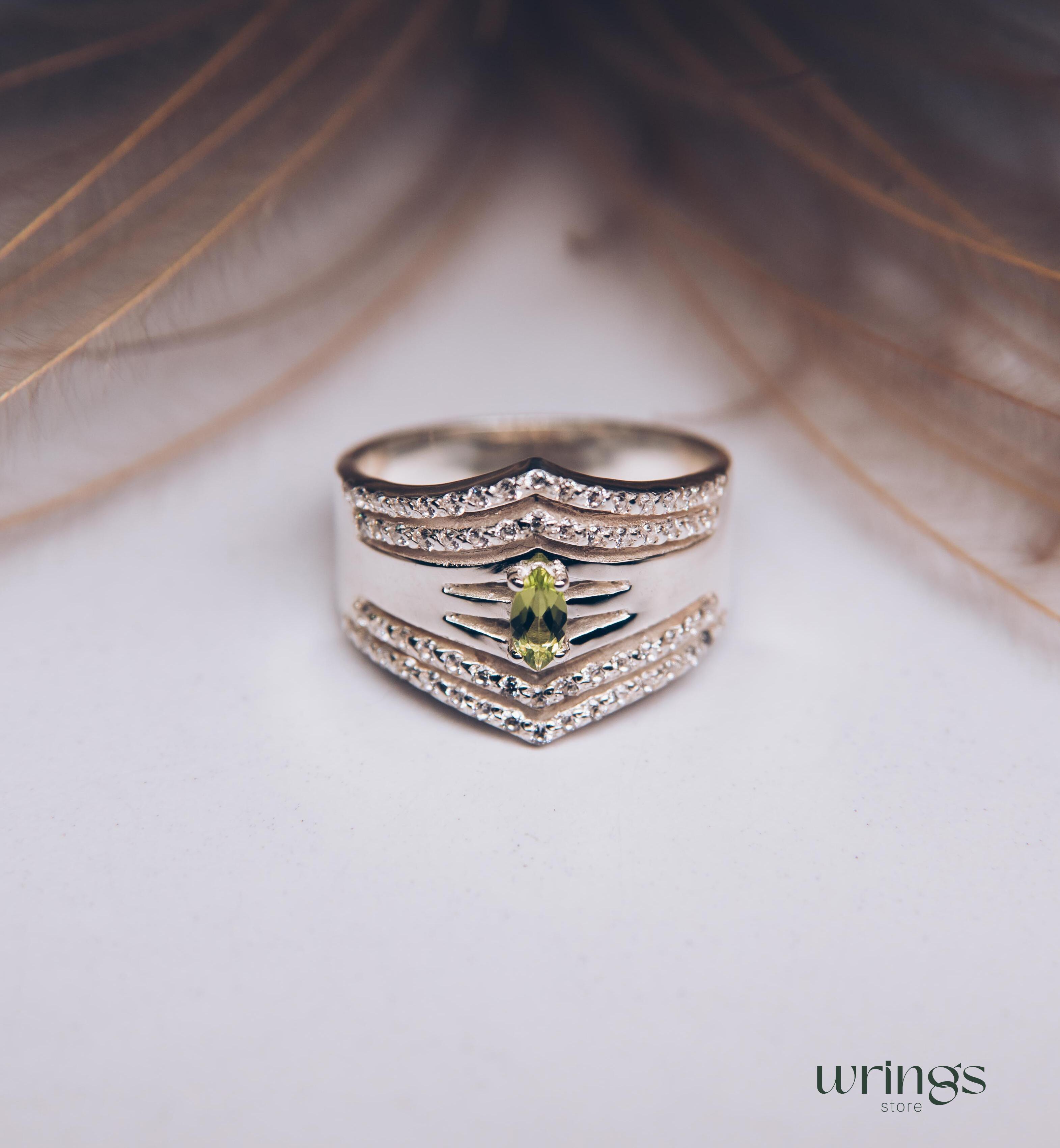 Wide Double Chevron Statement Ring Peridot & Diamonds