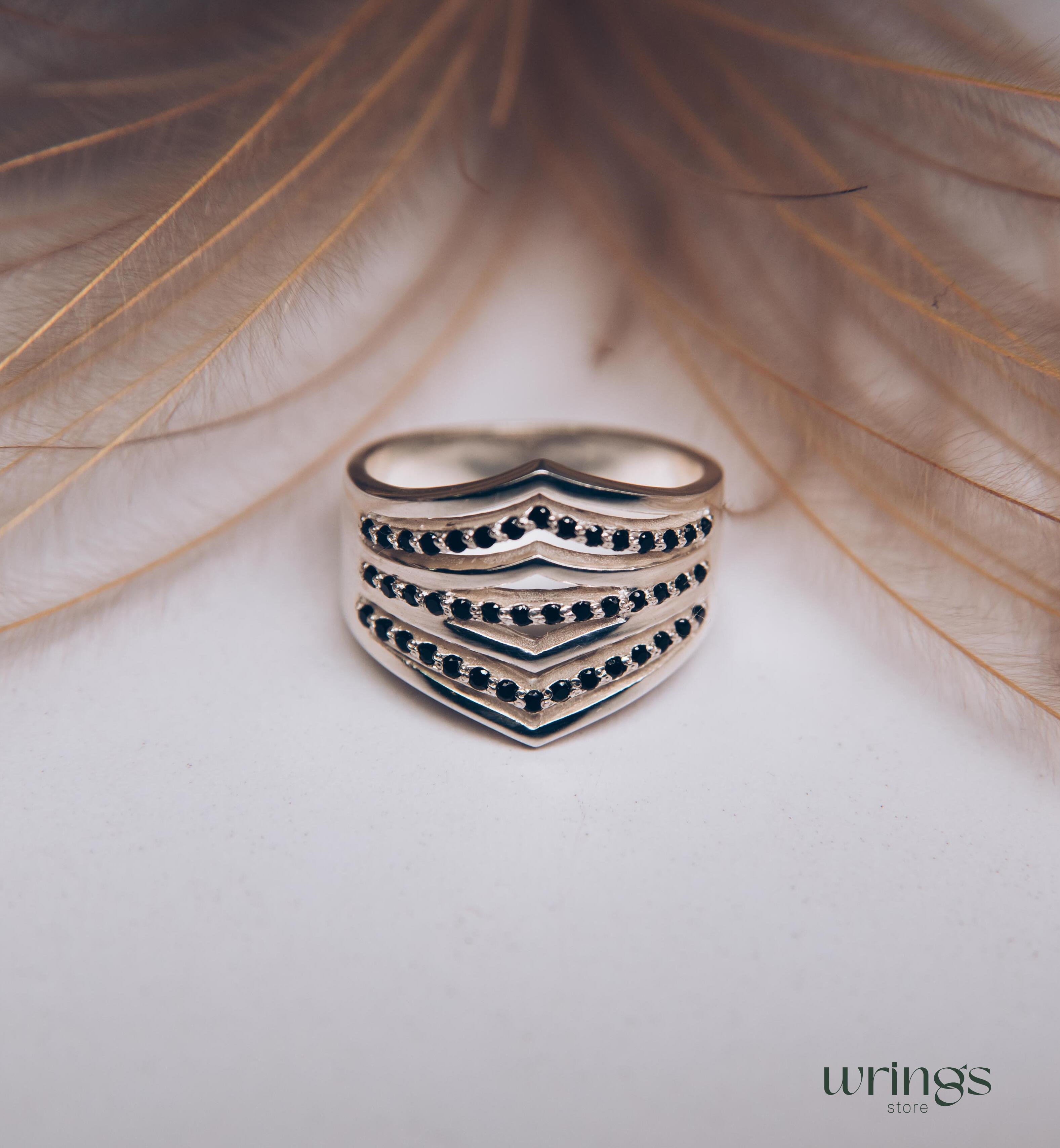 Extra Wide Silver Dome Ring Double Chevron Black Stones