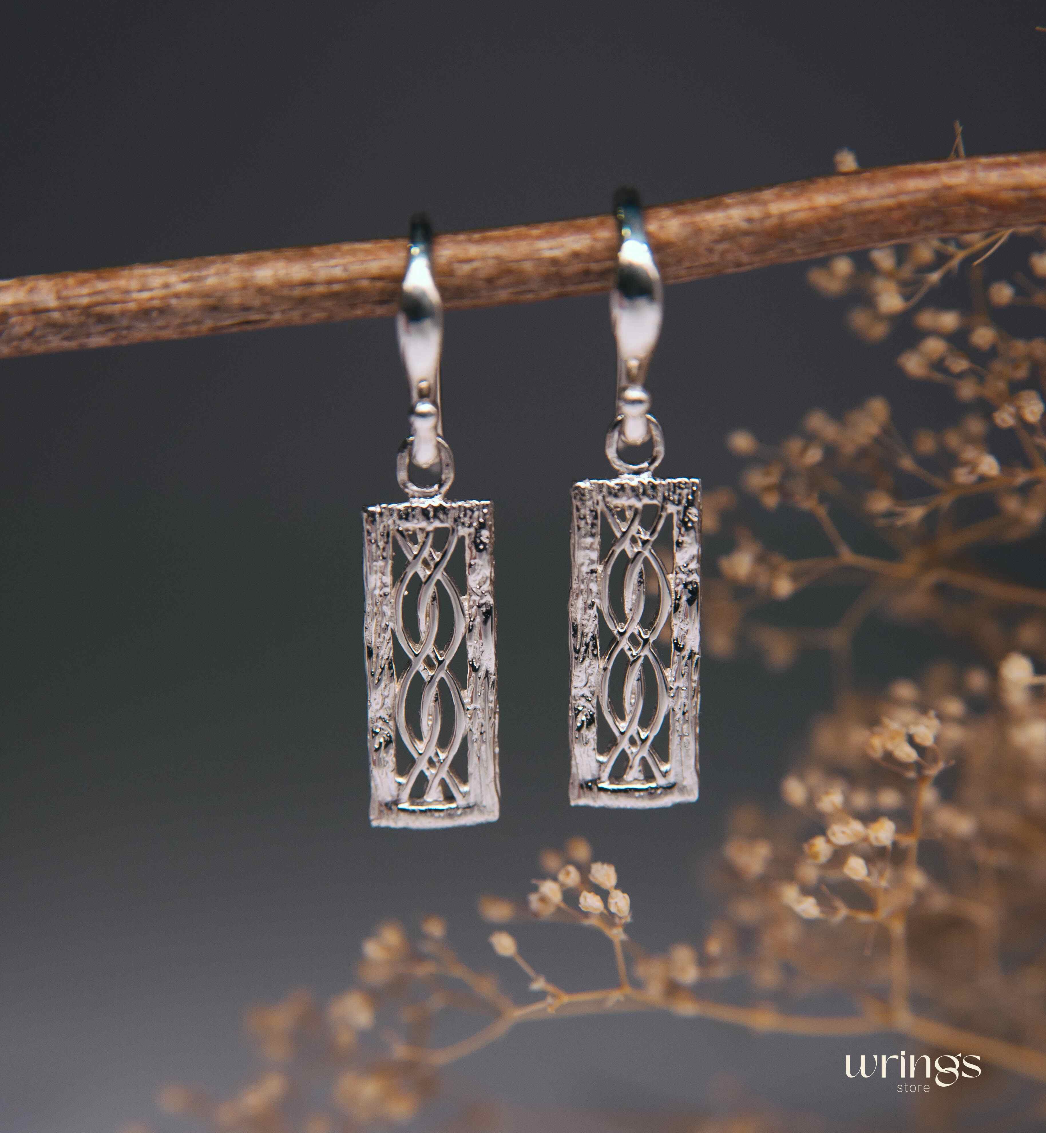 Infinity Knot Silver Drop Earrings Wood Bark Shape