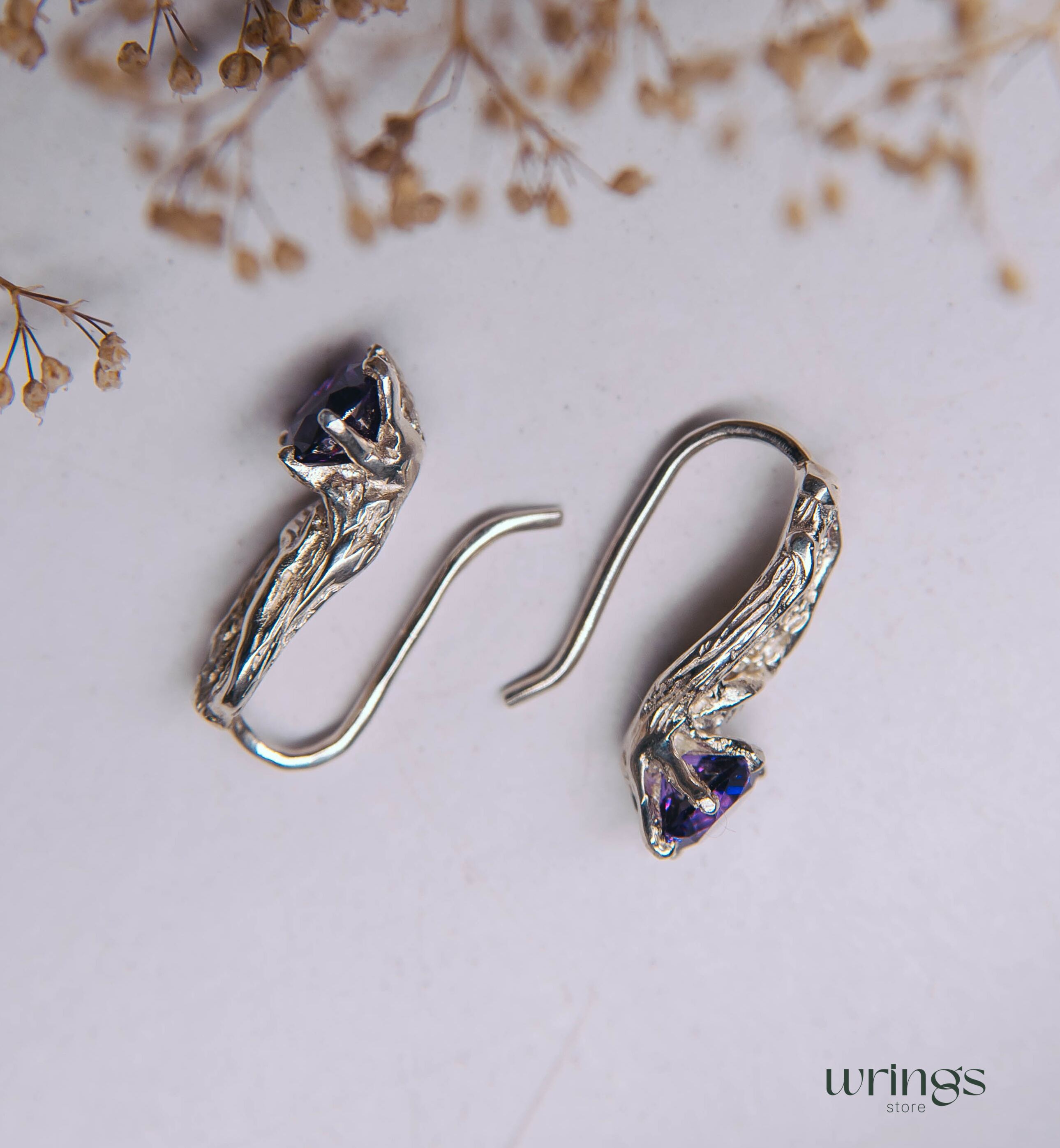 Amethyst Earrings Nature inspired Branch & Leaf Silver