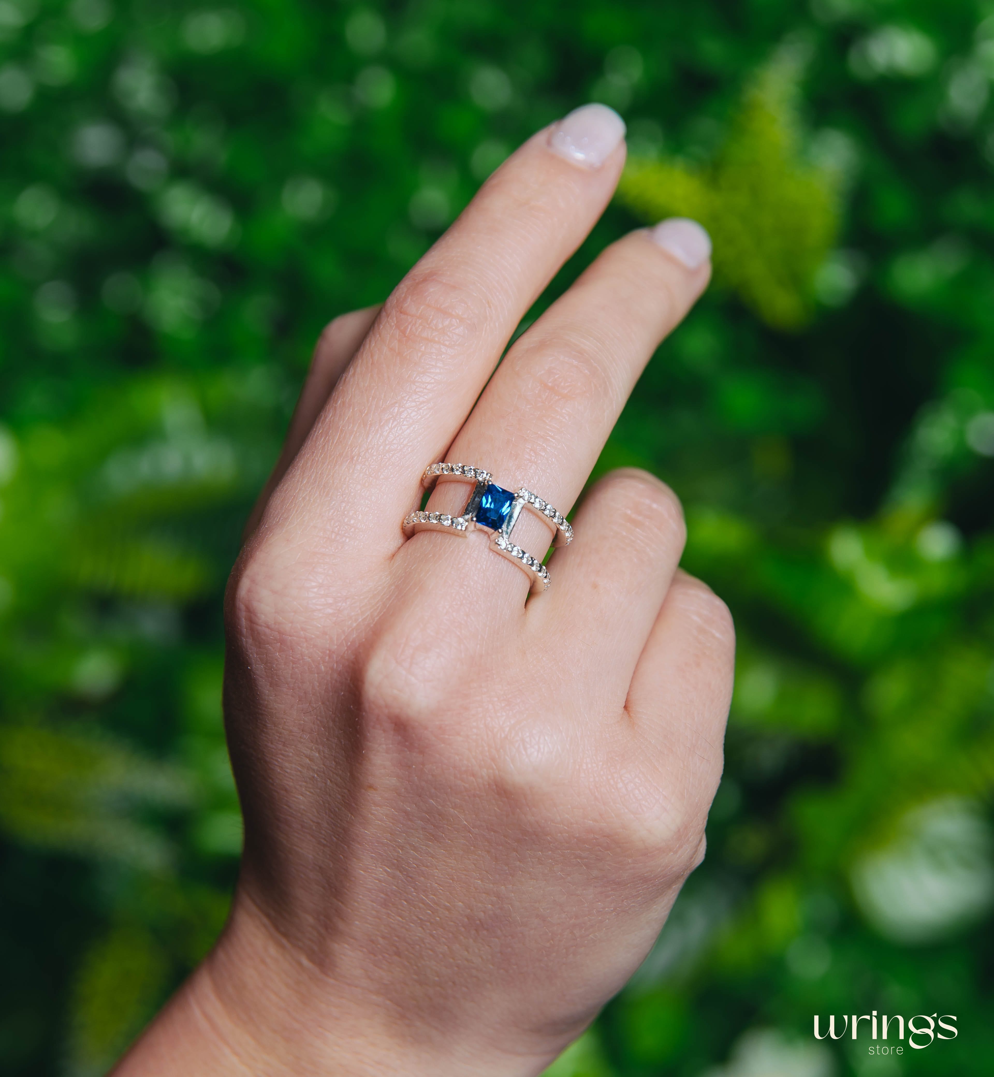Octagon Cut Blue Topaz Double Engagement Ring Diamonds