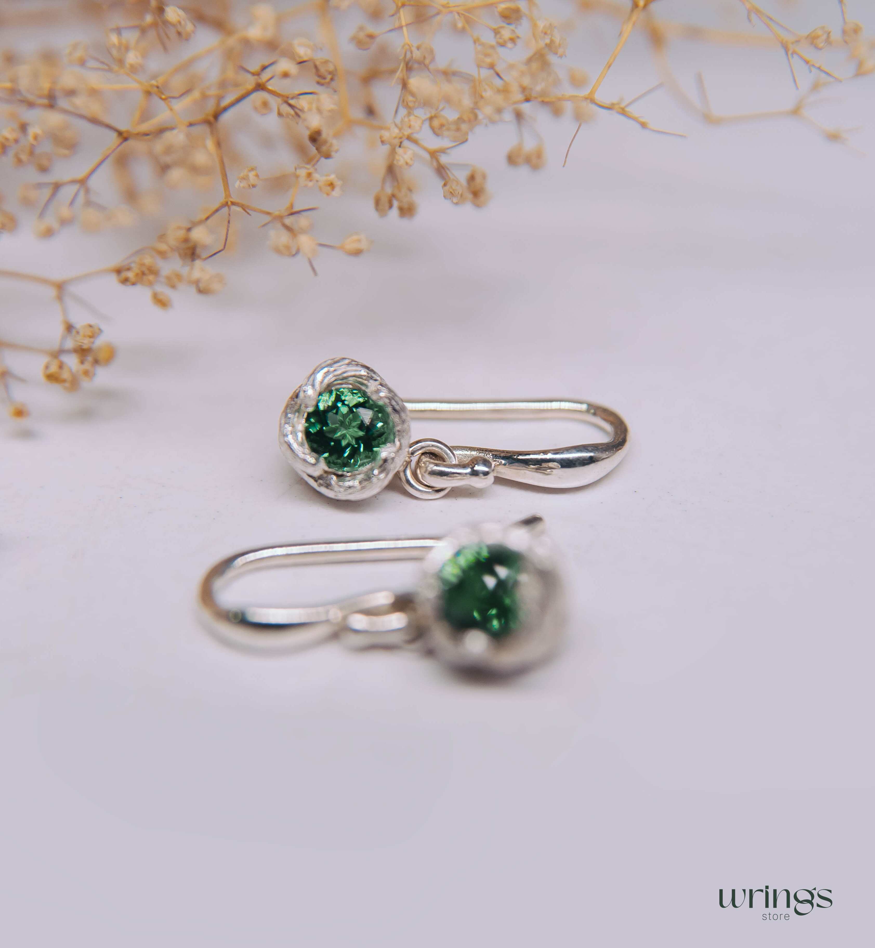 Cute Green Quartz Earrings Drop Dangly Silver Tree