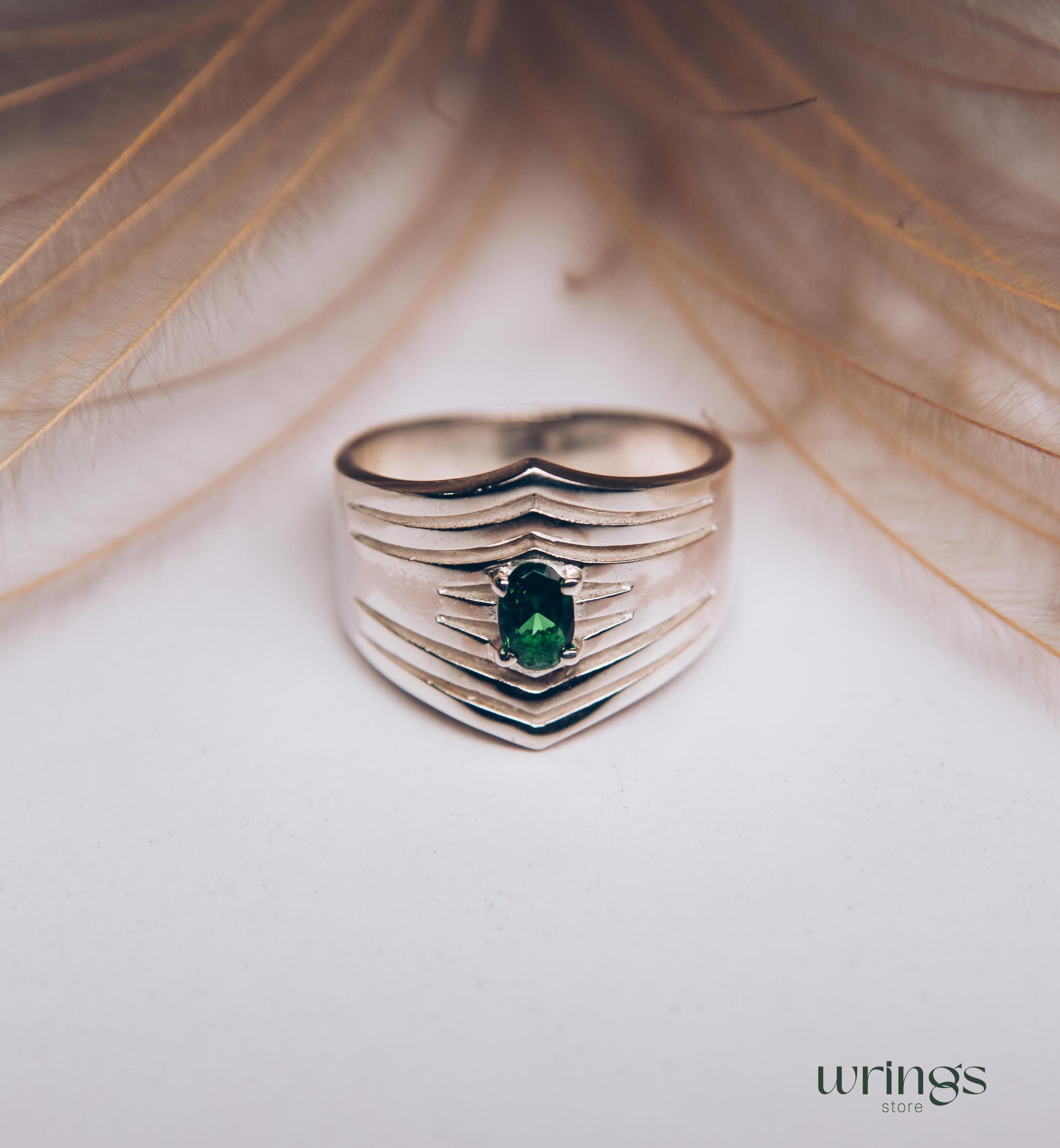 Wide Double Chevron Silver Band with LG Emerald